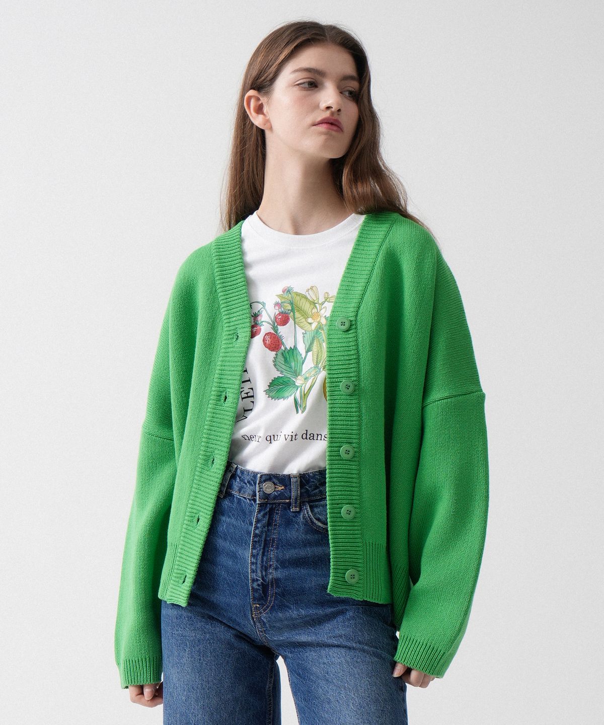블레티(VLETI) Cotton V-neck Overfit Knit Cardigan (Green)
