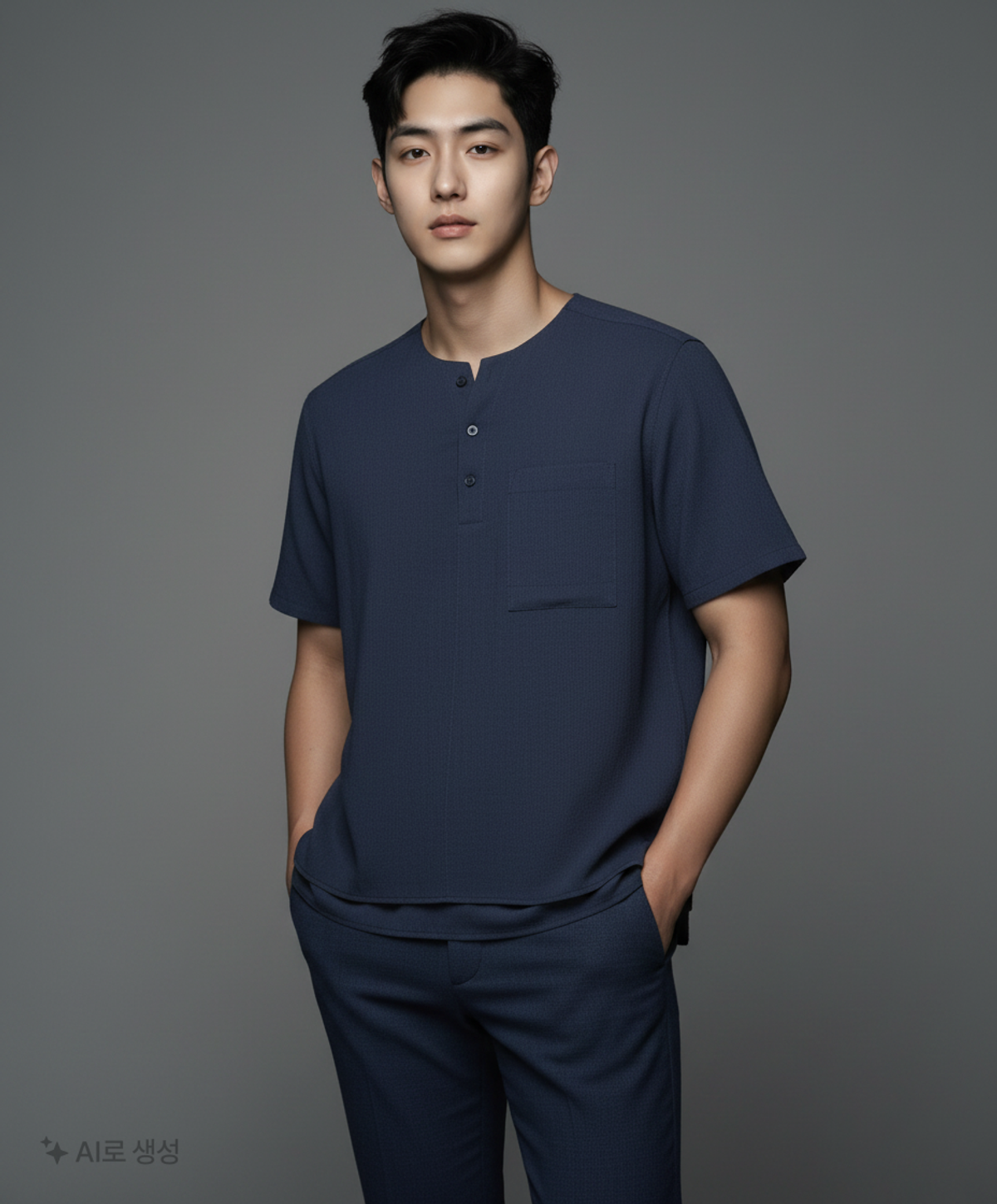 애드호크(AD HOC) 남성 헨리넥 포켓 반팔티셔츠 (NAVY) 100