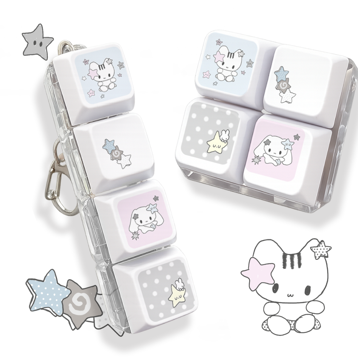 이레케이스앤굿즈(IRECASEGOODS) 드리밍코어 버니  4구 키캡 키링 클릭커 클리커 딸깍이 키보드 키링 가방 열쇠고리