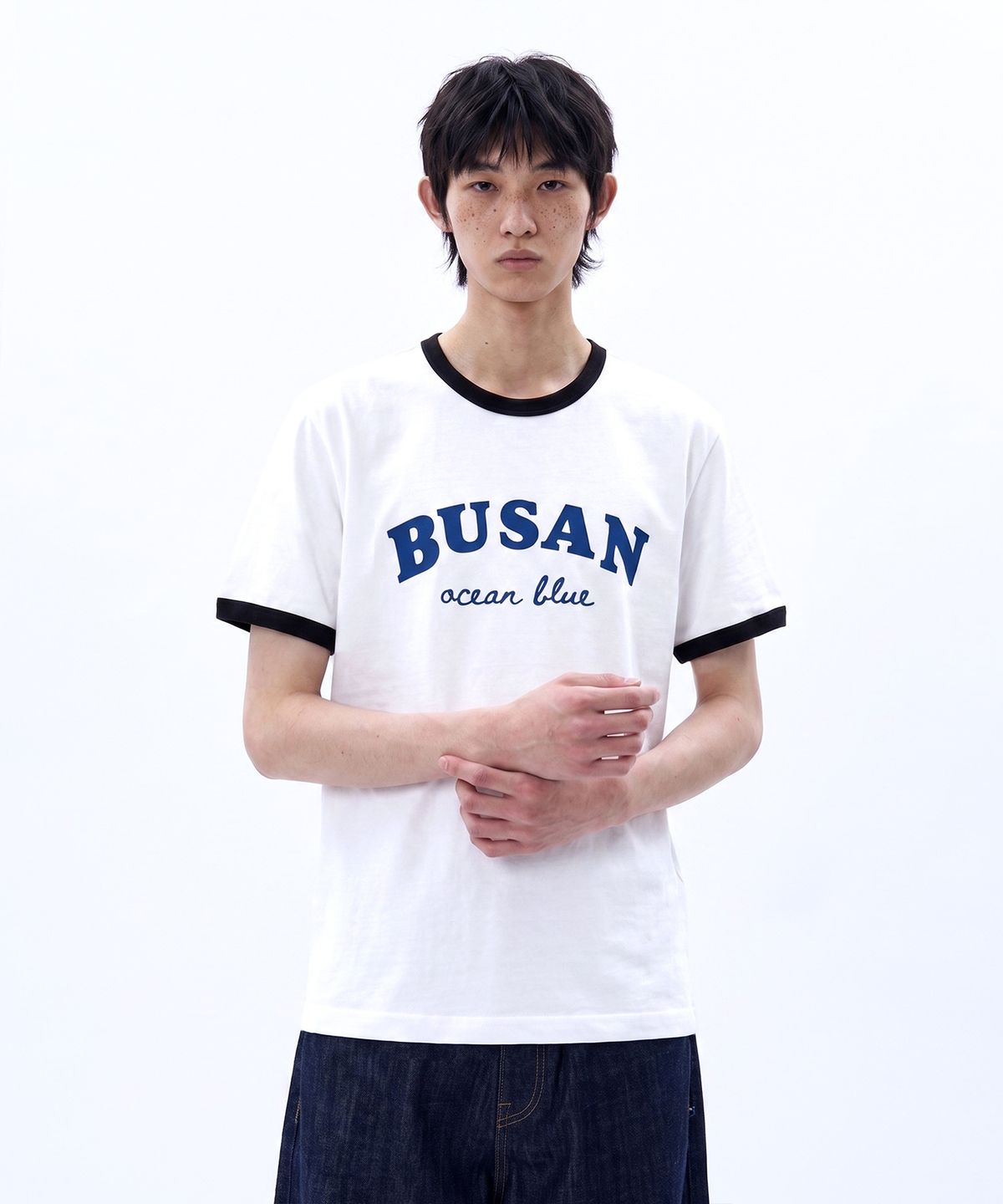 오에스아이(OSI) 세미 머슬핏 링거 티셔츠 오션블루 화이트