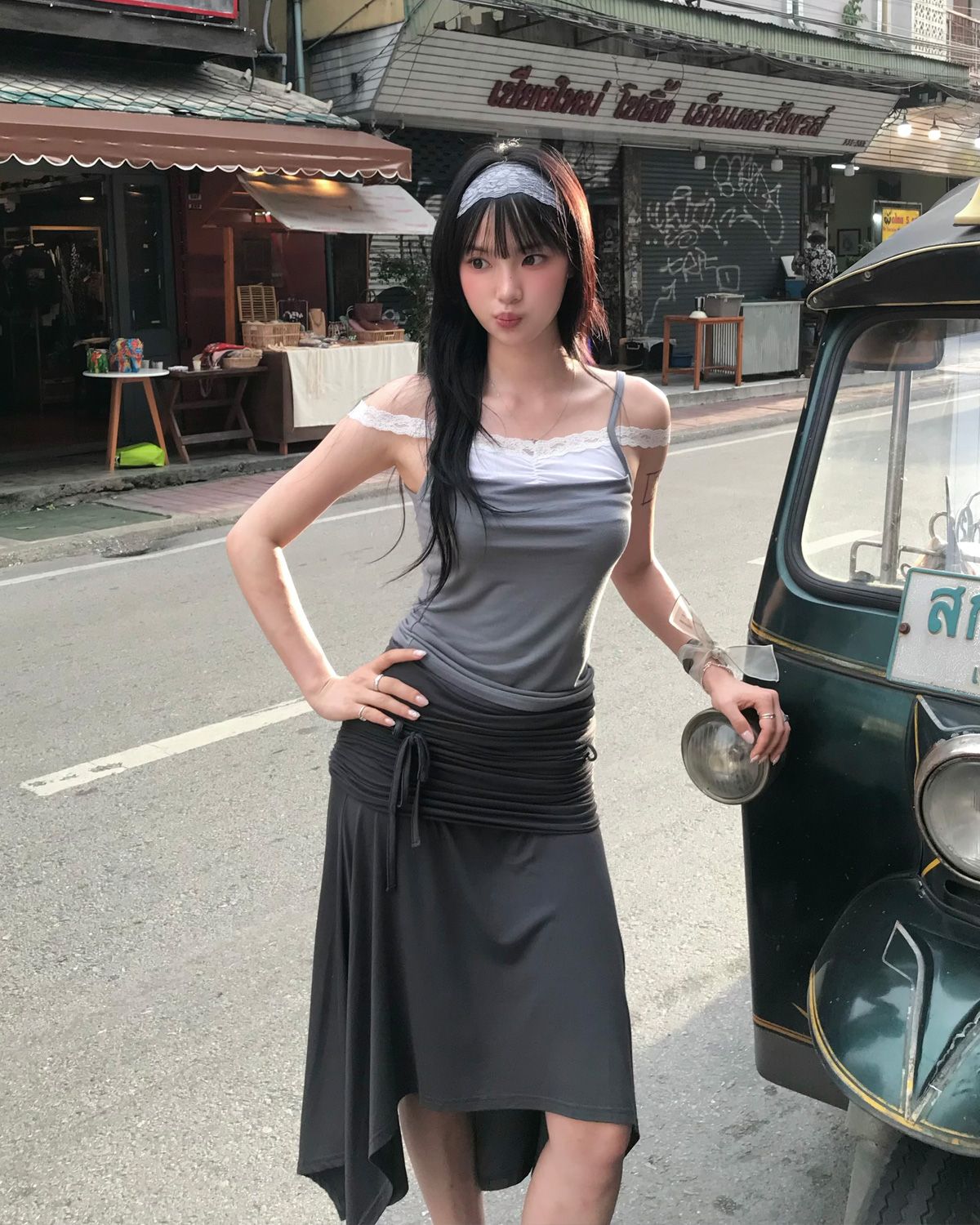 여린(YEORIN) Ash 2-WAY Drape Skirt (charcoal)