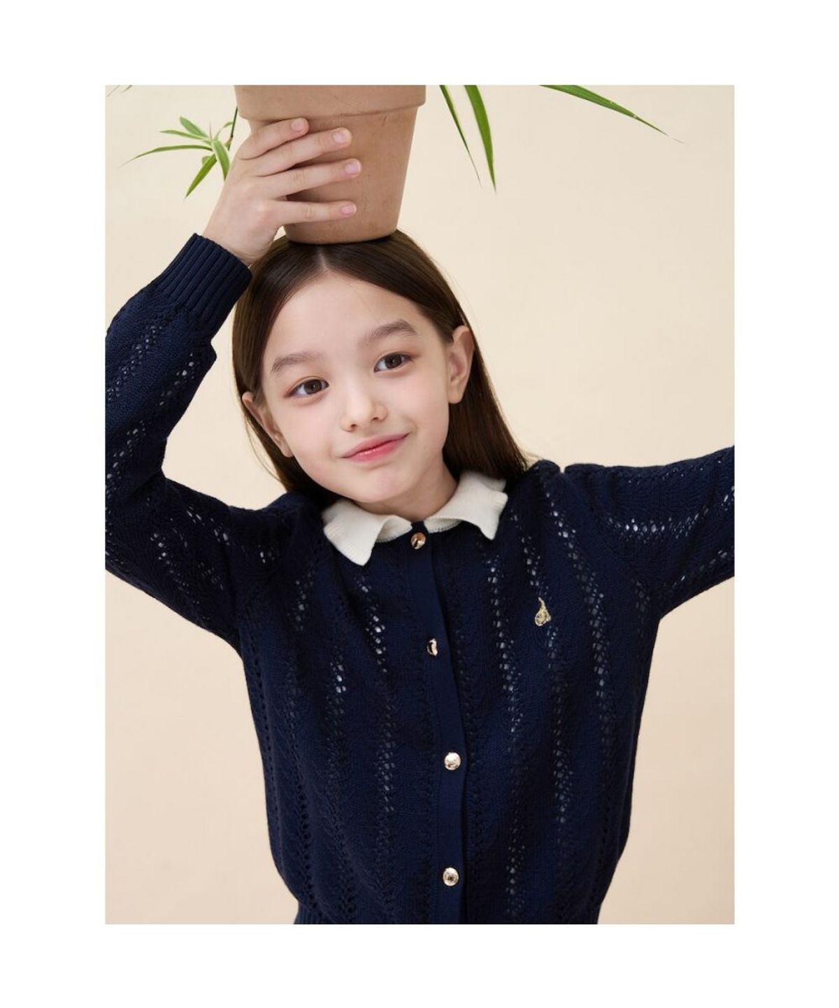 빈폴 키즈(BEANPOLE KIDS) 여아 넥칼라 배색 긴소매 크로쉐 카디건  네이비 (BI685AG02R)