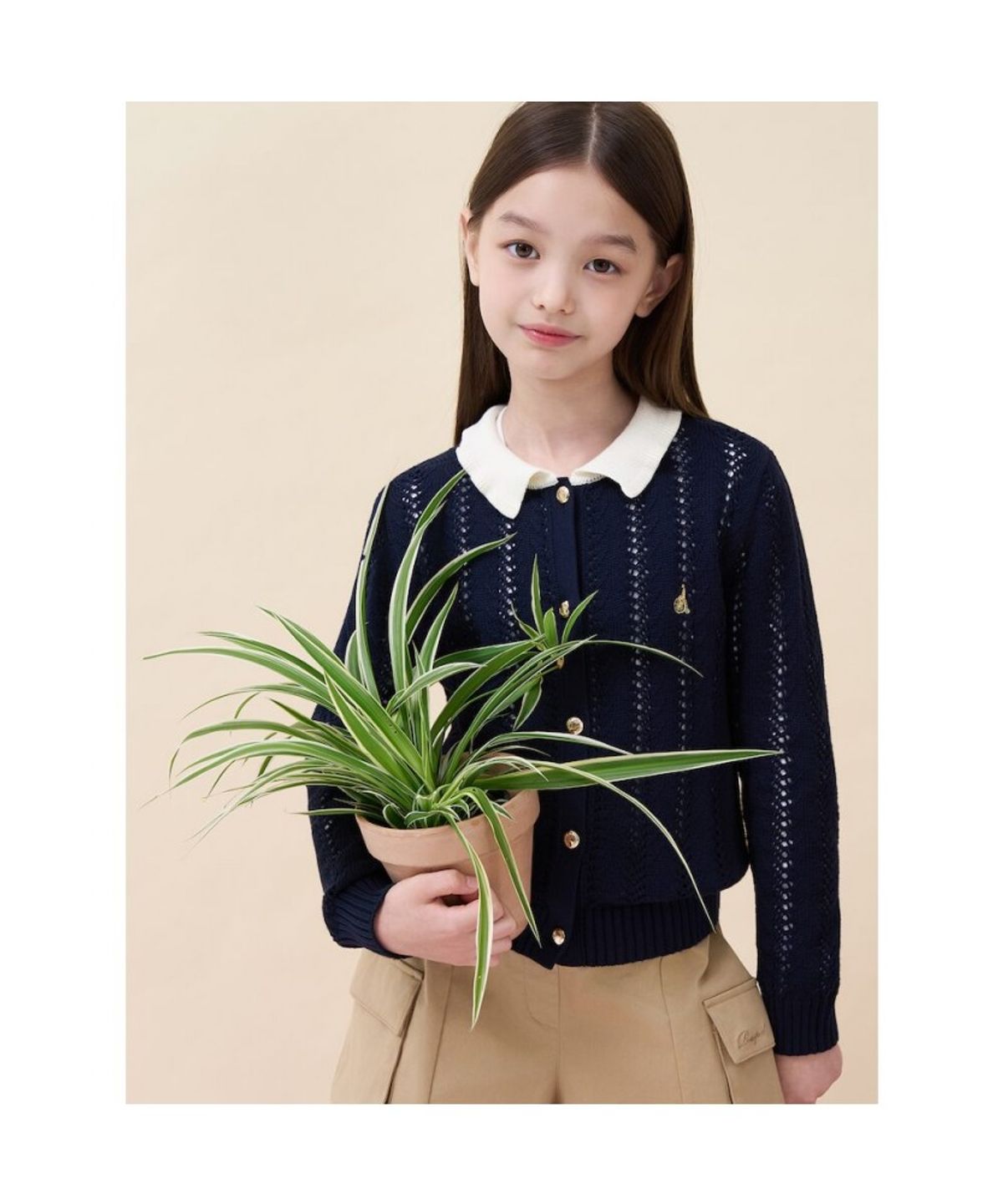 빈폴 키즈(BEANPOLE KIDS) 여아 넥칼라 배색 긴소매 크로쉐 카디건  네이비 (BI685AG02R)