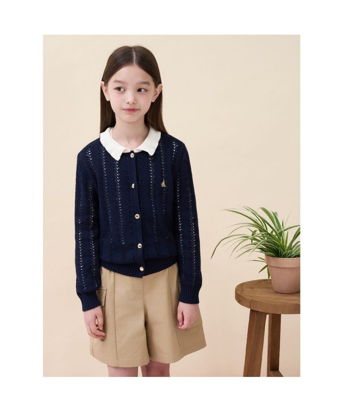 빈폴 키즈(BEANPOLE KIDS) 여아 넥칼라 배색 긴소매 크로쉐 카디건  네이비 (BI685AG02R)