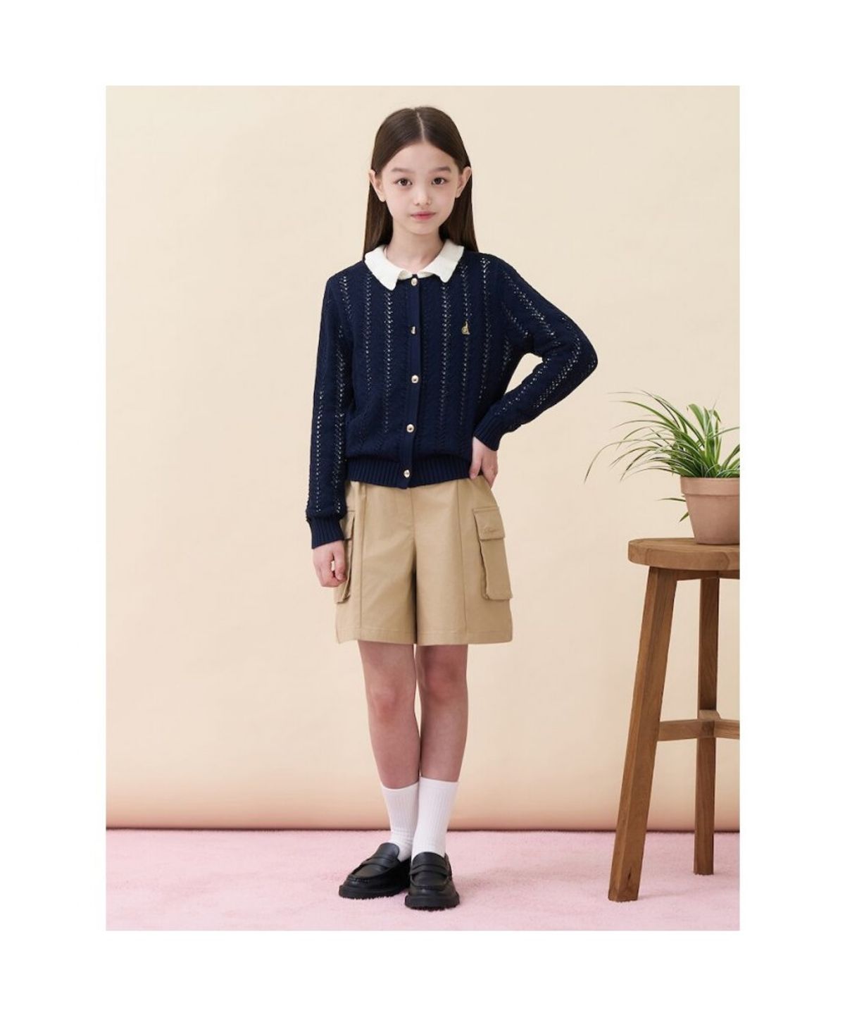 빈폴 키즈(BEANPOLE KIDS) 여아 넥칼라 배색 긴소매 크로쉐 카디건  네이비 (BI685AG02R)