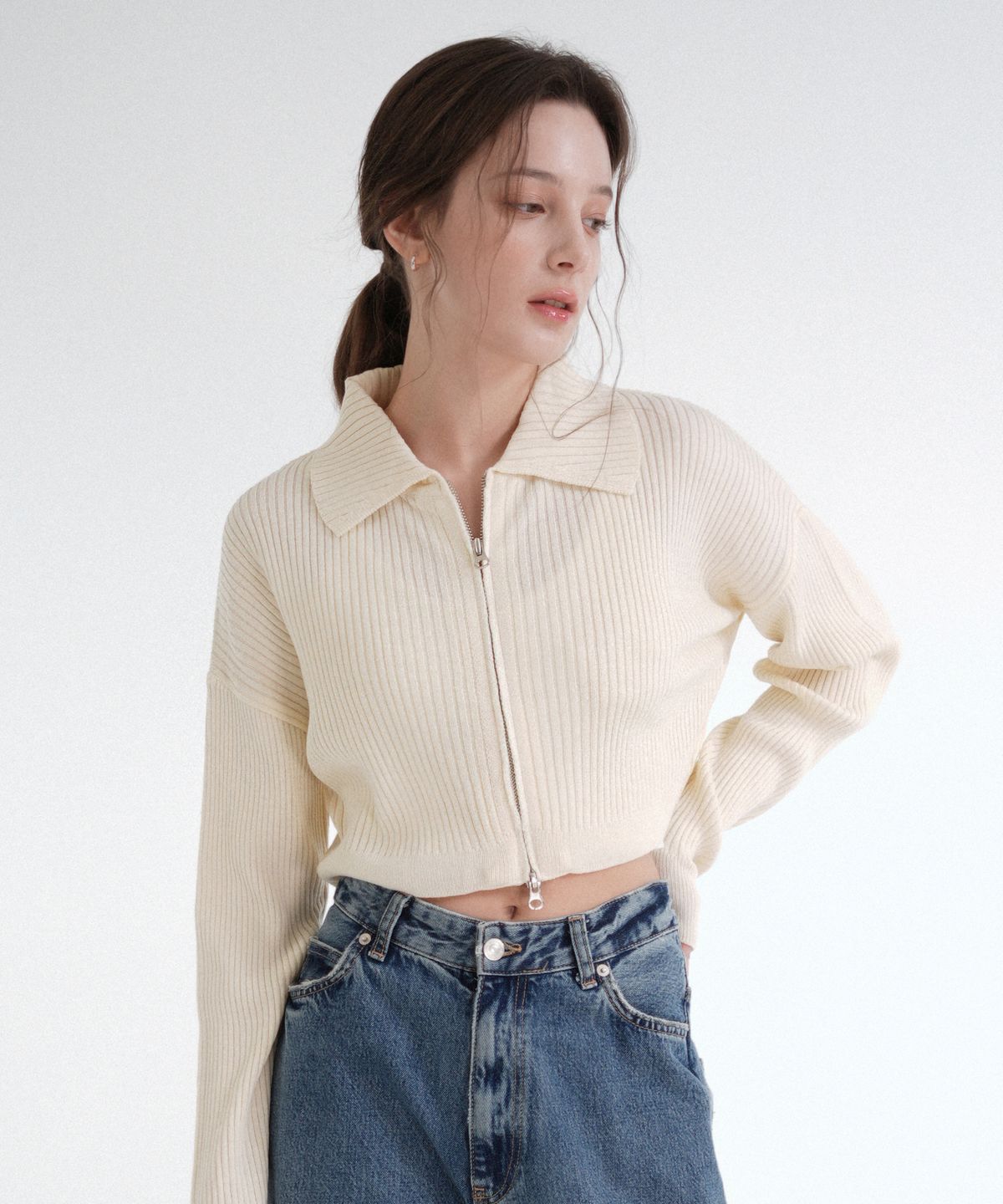 블레티(VLETI) Wool Calla Two-way Crop Knit Cardigan (Ivory)