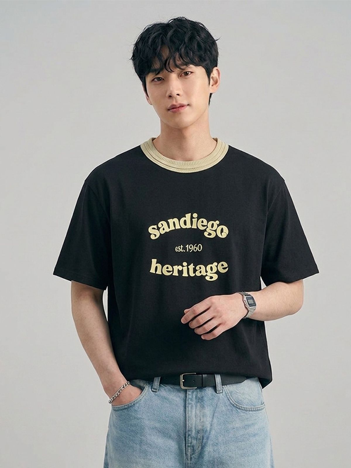 행텐(HANGTEN) 남성 니트 넥 반팔 티셔츠_100(10580-031-602-69)