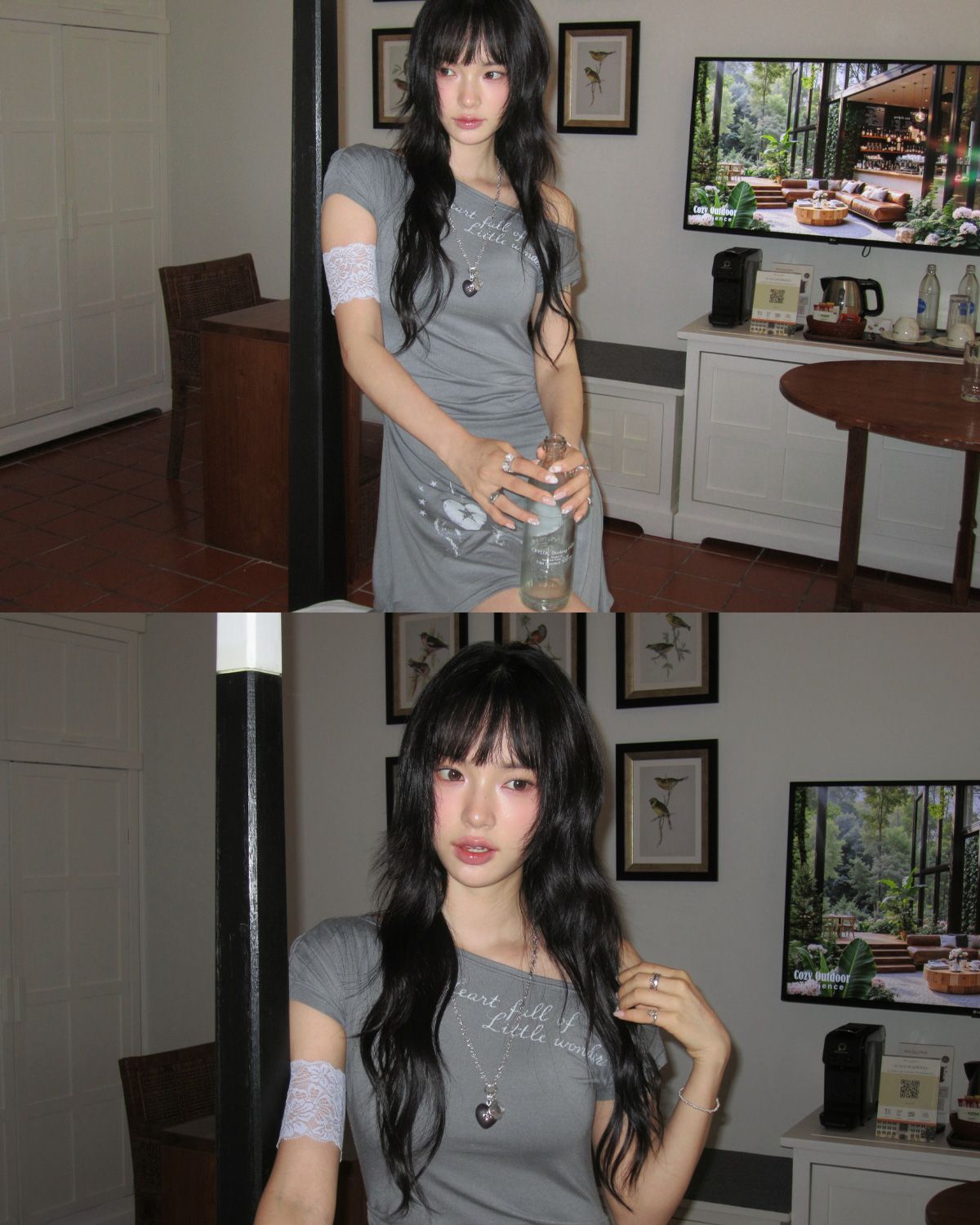 여린(YEORIN) Drape Asymmetry Dress (Grey)