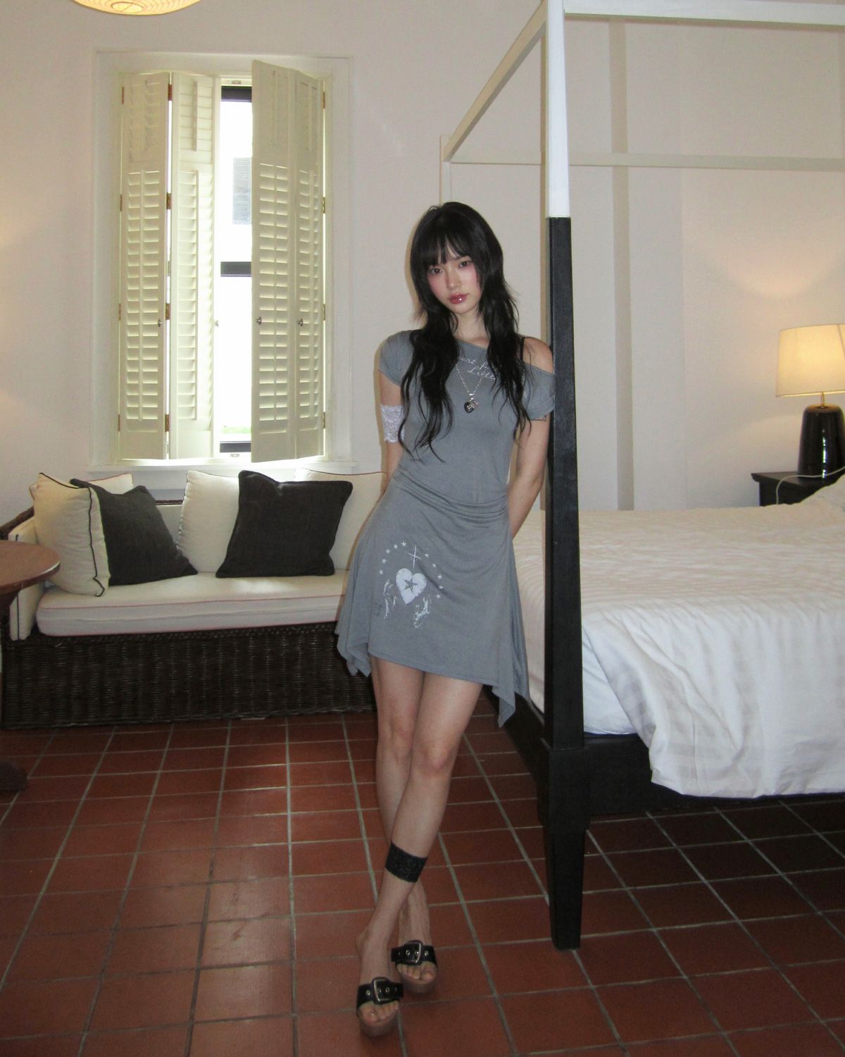 여린(YEORIN) Drape Asymmetry Dress (Grey)