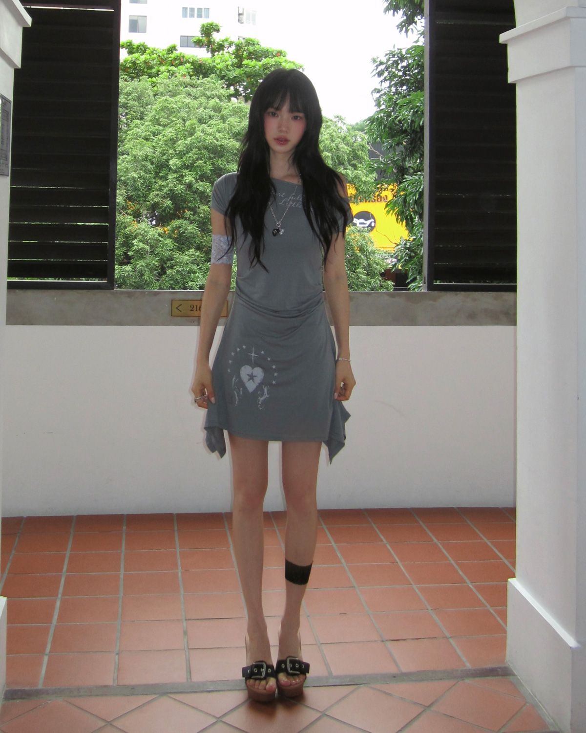 여린(YEORIN) Drape Asymmetry Dress (Grey)
