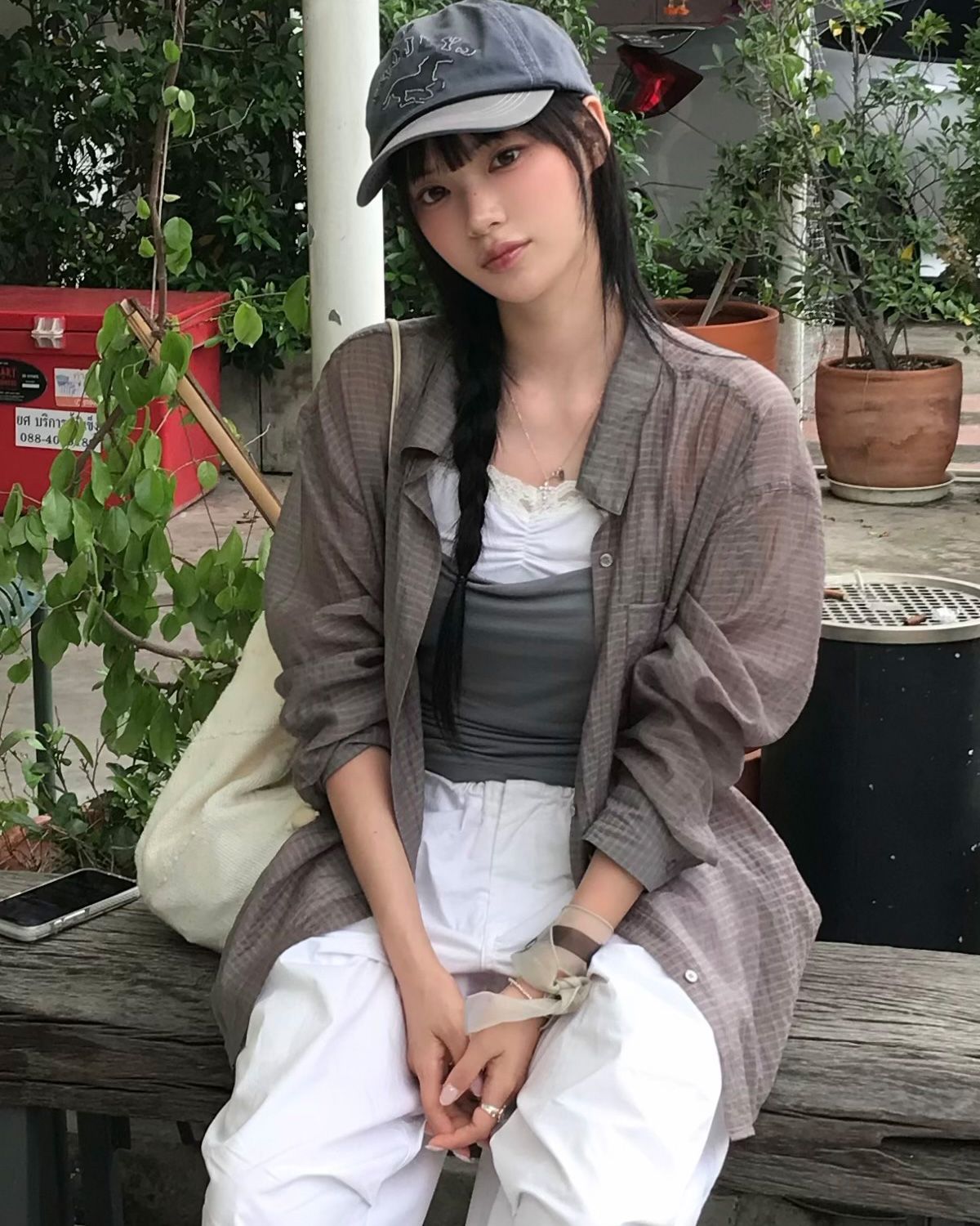 여린(YEORIN) Sheer Check Shirt (Brown)