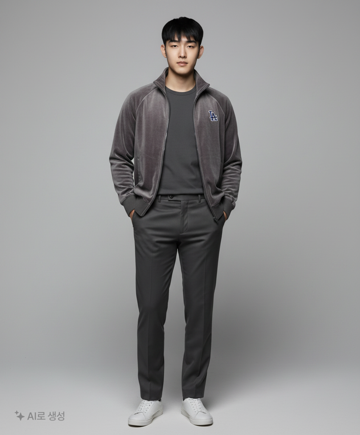 엠엘비(MLB) 베이직 스몰로고 벨벳 스텐드넥 집업 LA (Charcoal Grey) M