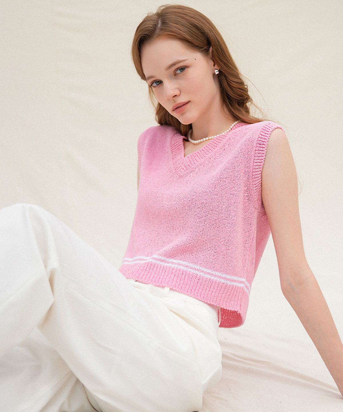블레티(VLETI) Summer V-neck Color Matching Knit Sleeveless (Pink)
