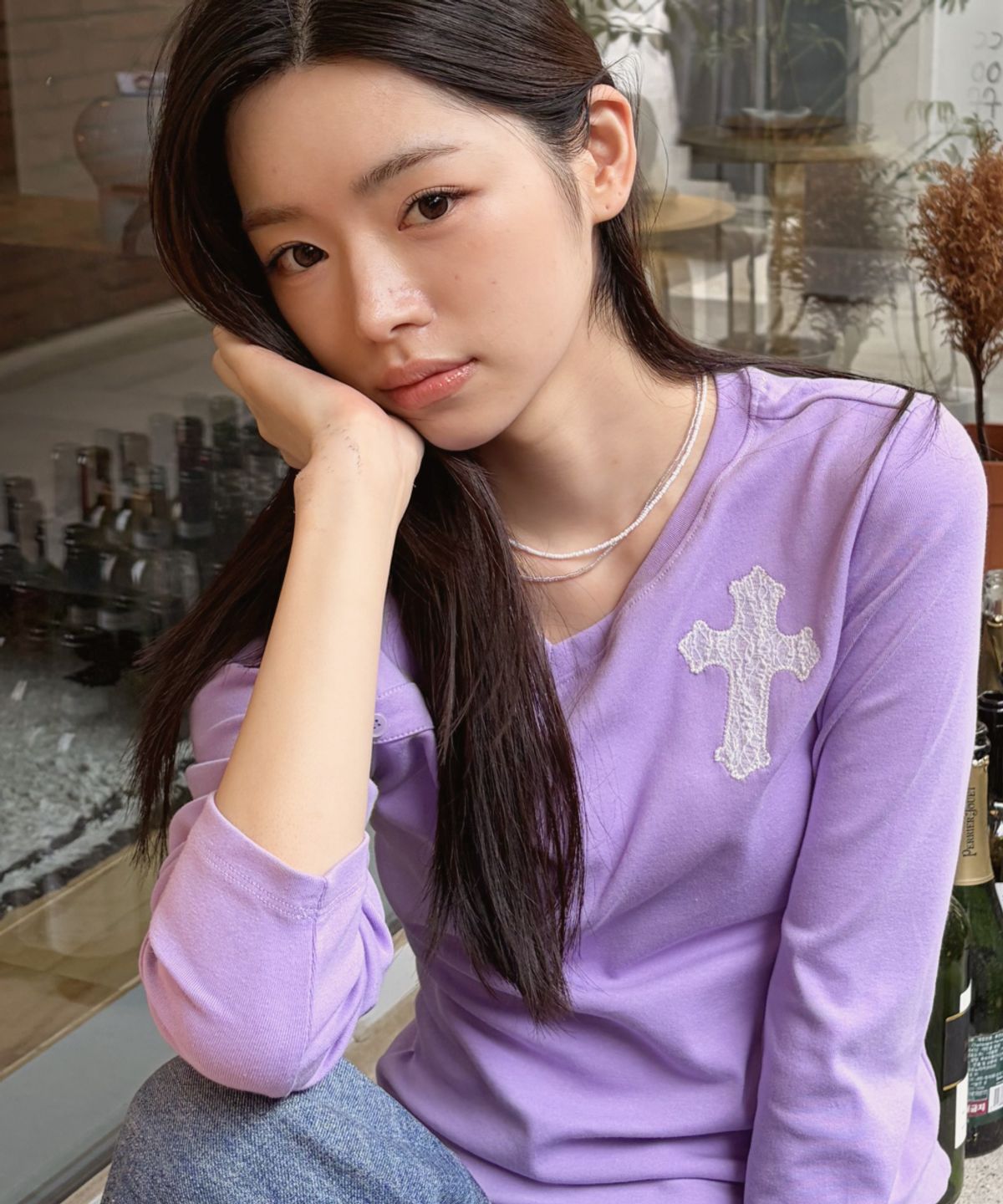 로긴 앤 로지(ROGIN N ROSIE) Cross Motif Unbal Button Long Sleeve Light Purple