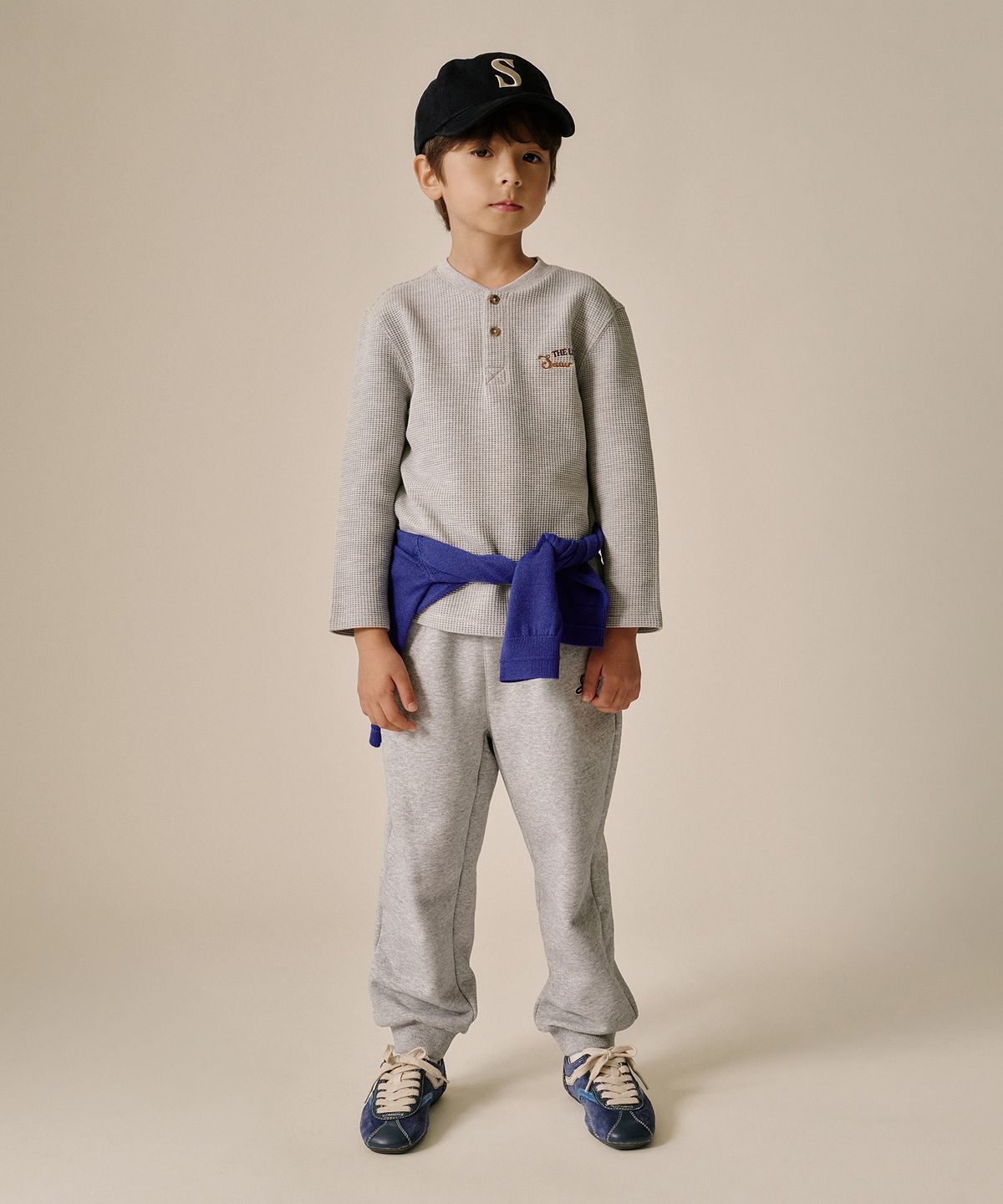 세터 키즈(SATUR KIDS) (K) 와플 헨리넥 롱 슬리브 멜란지 그레이