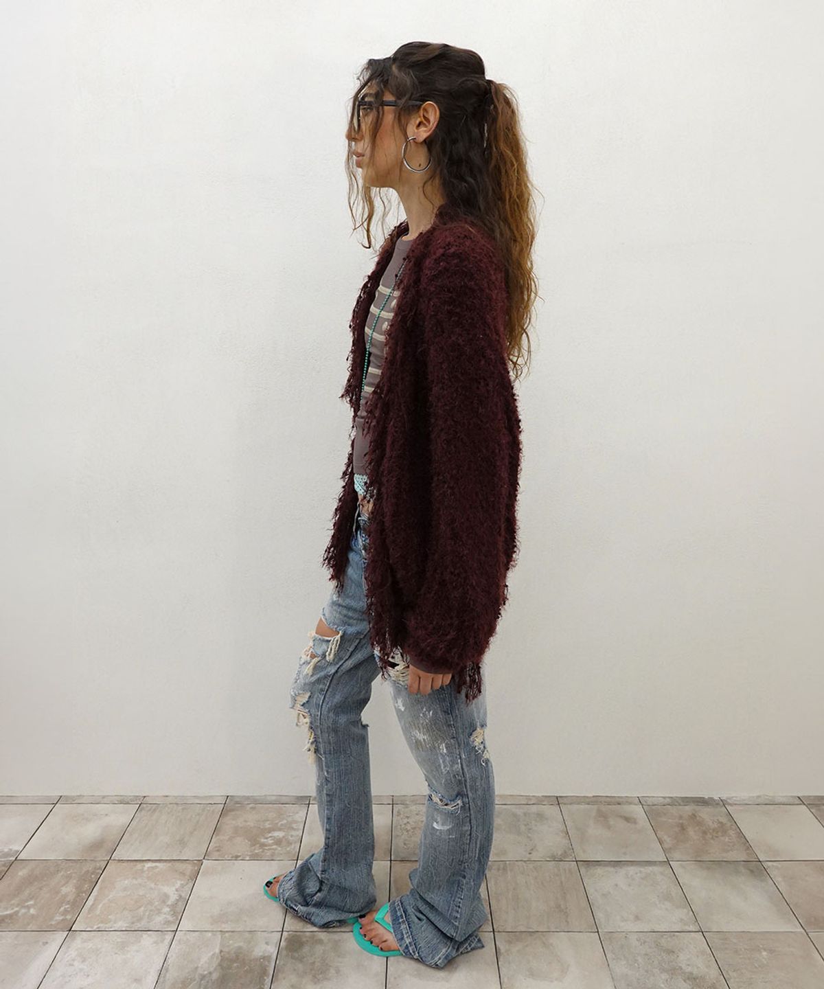 스컬프터(SCULPTOR) Fuzzy Fringe Cardigan Deep Plum