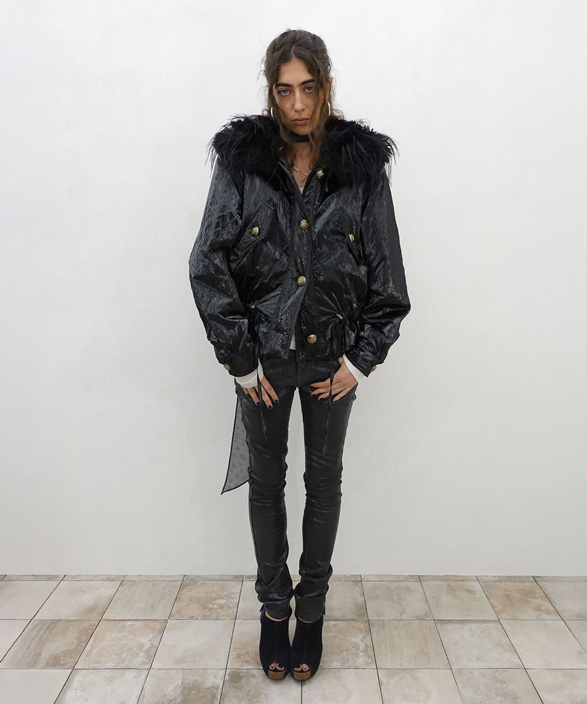 스컬프터(SCULPTOR) Glossy Fur Trim Jacket Black