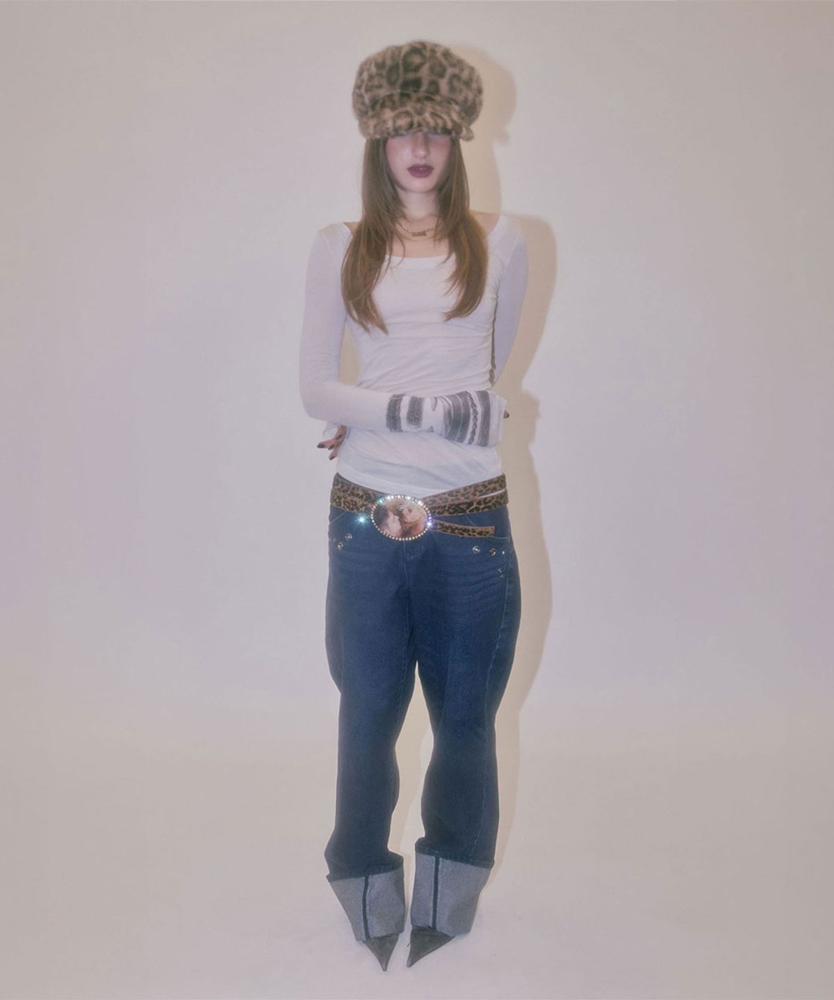 스컬프터(SCULPTOR) Jewel Hair On Buckle Belt Leopard