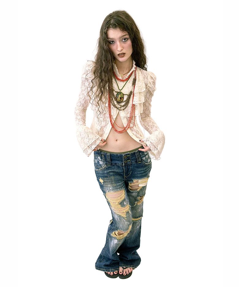 Distressed Bootcut Jeans Mid Blue
