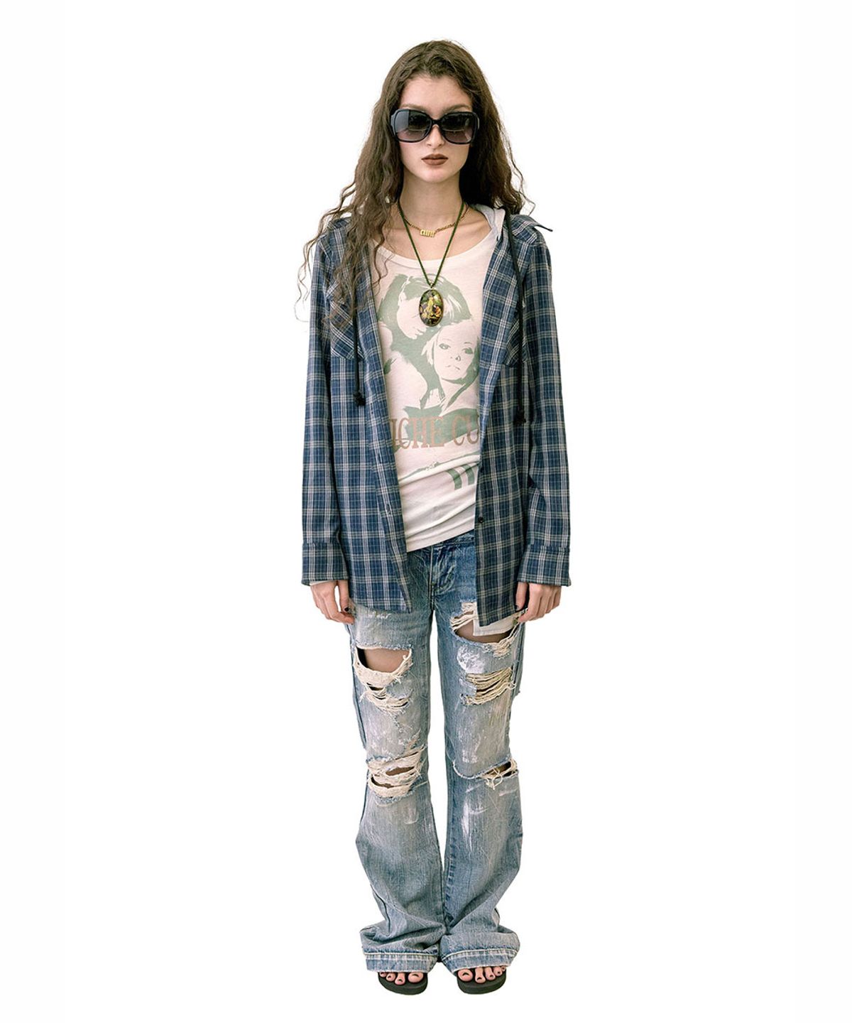스컬프터(SCULPTOR) Boyfriend Hooded Shirts Navy Check