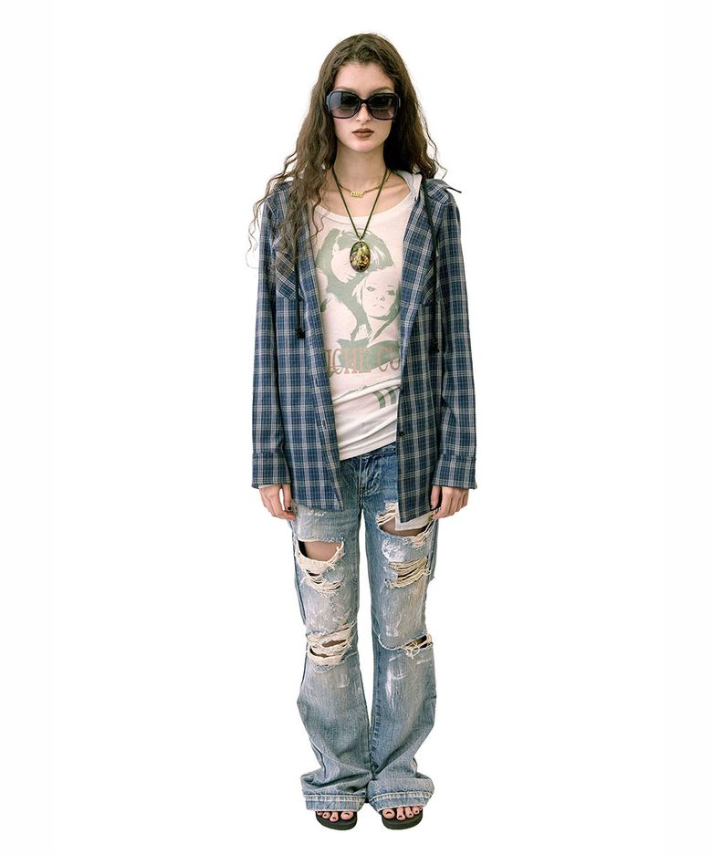 Boyfriend Hooded Shirts Navy Check