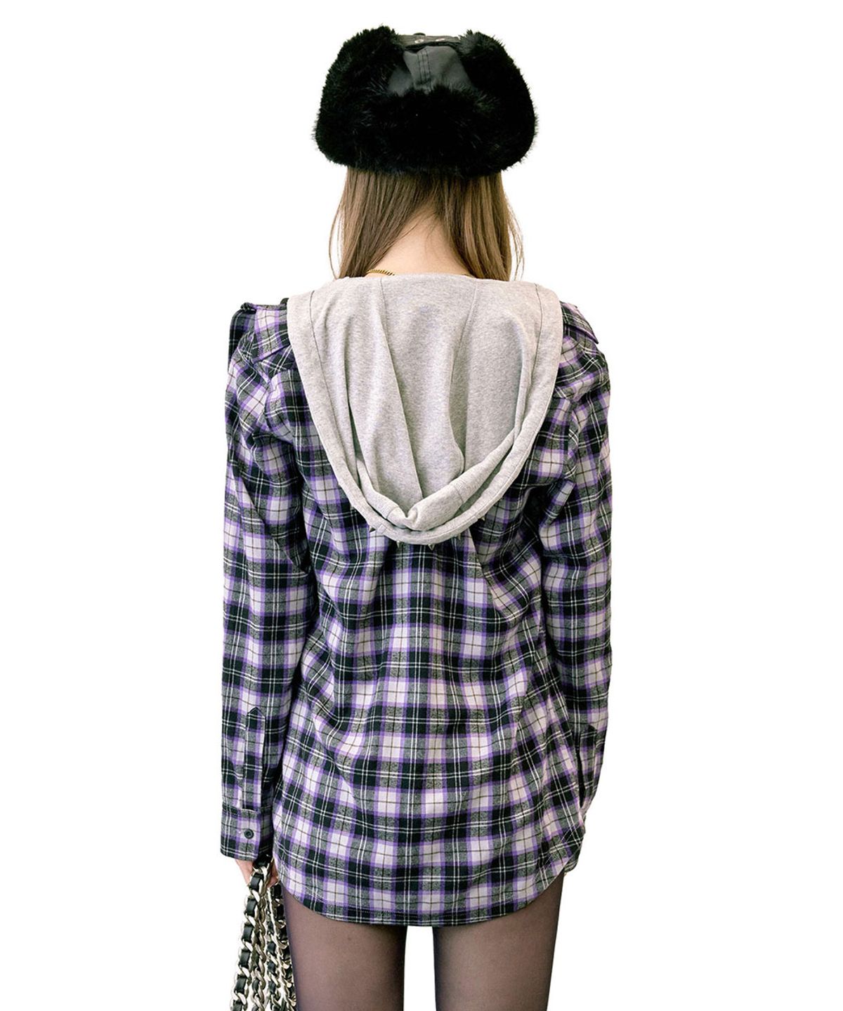 스컬프터(SCULPTOR) Boyfriend Hooded Shirts Purple Check