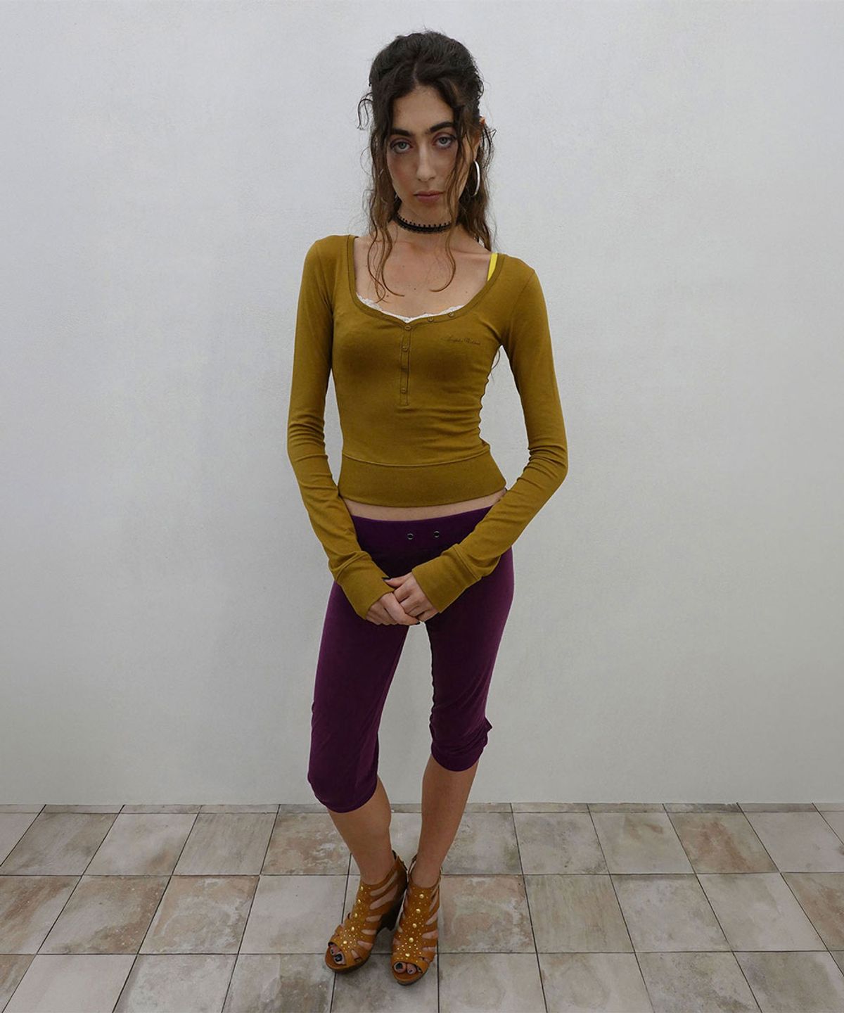 스컬프터(SCULPTOR) Lace Trim Henley Top Camel
