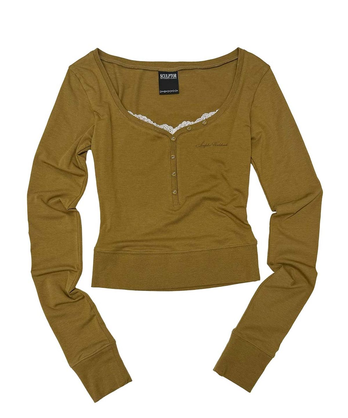 스컬프터(SCULPTOR) Lace Trim Henley Top Camel