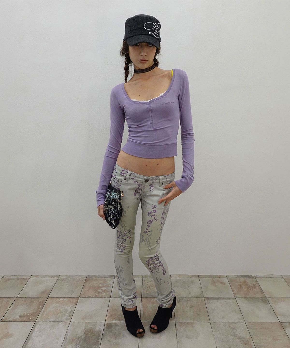 스컬프터(SCULPTOR) Lace Trim Henley Top Ube Purple