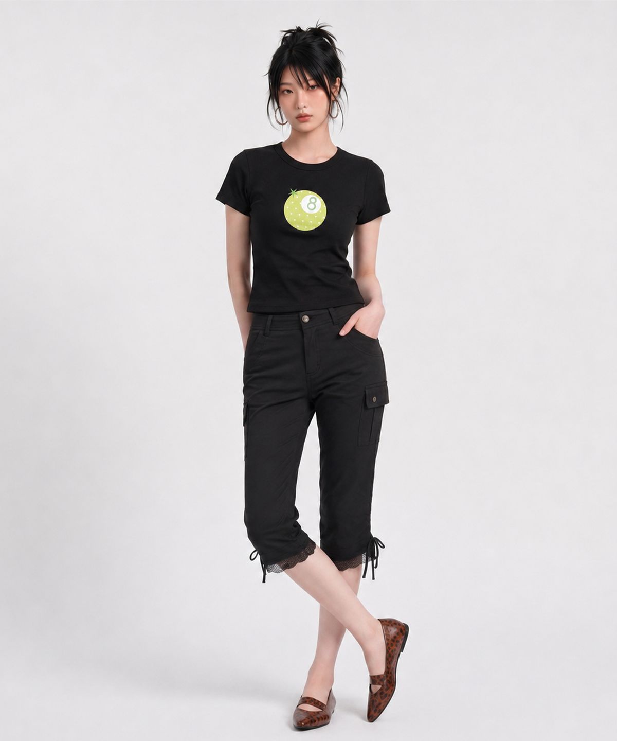 언더오프(UNDEROFF) 스트레치 코튼 슬림 반팔 티셔츠 프루티 에잇볼 블랙