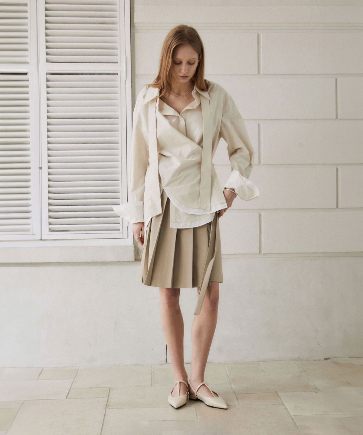 뮤제(MUSEE) MARIA Double Layered Cuffs Shirts_Beige