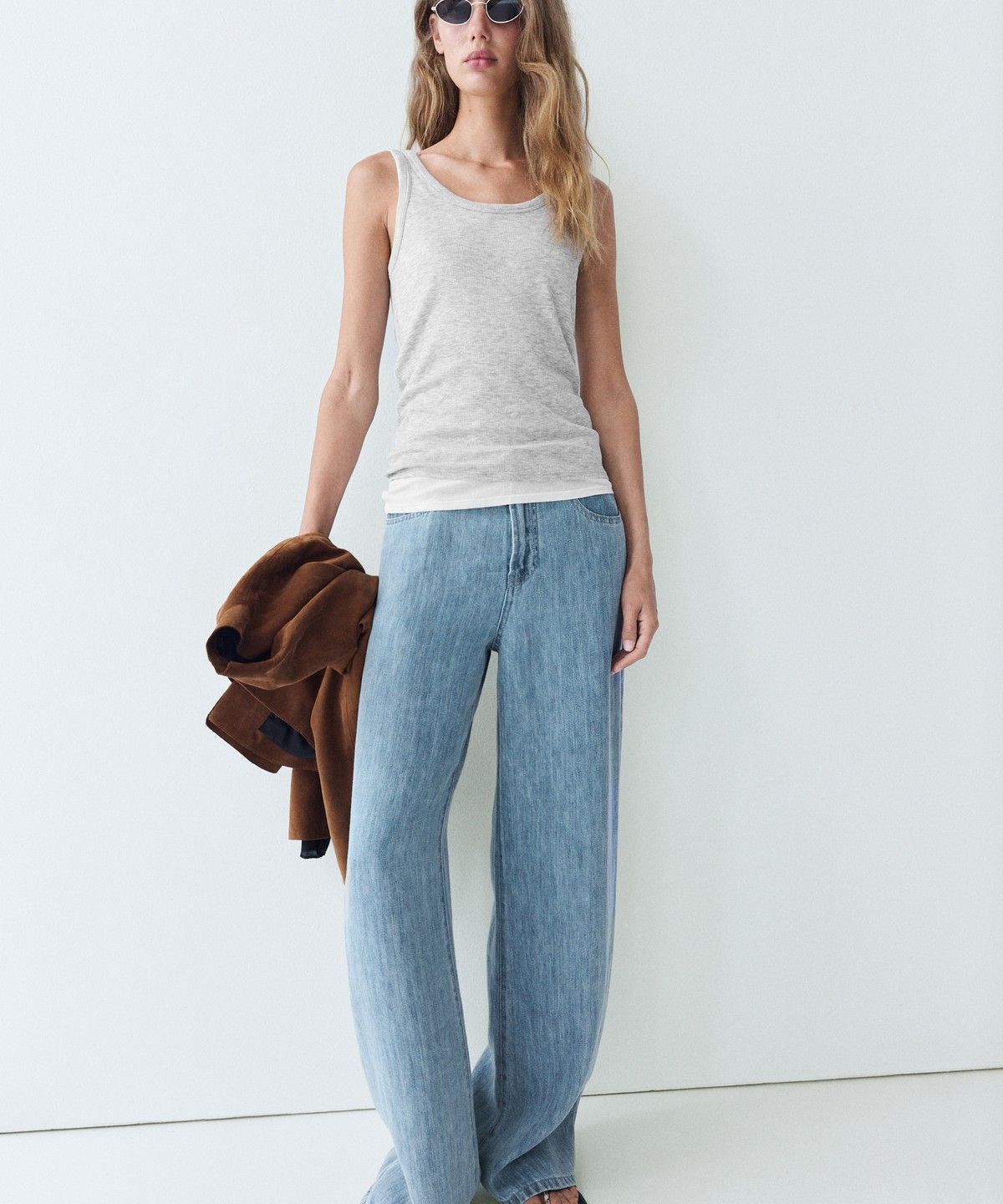 마시모두띠(MASSIMO DUTTI) 코튼 블렌드 더블 레이어 리브드 톱