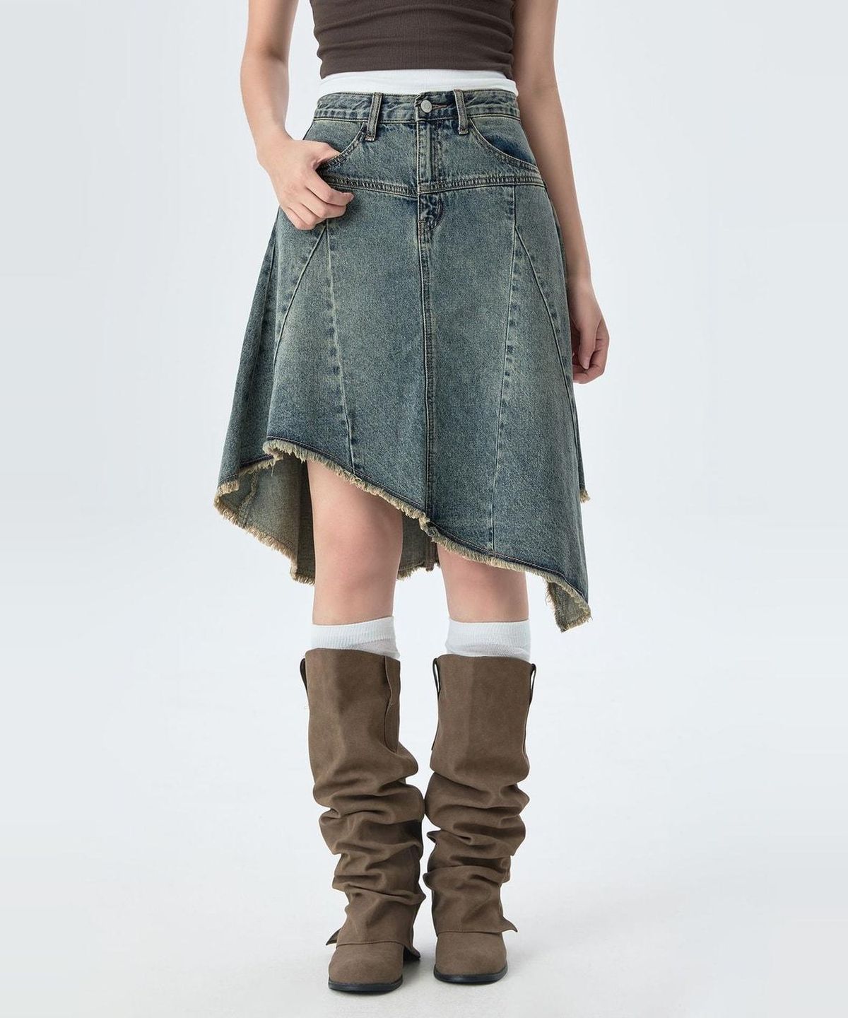 미쏘(MIXXO) 언발 미디 데님스커트_MIWWJG911J