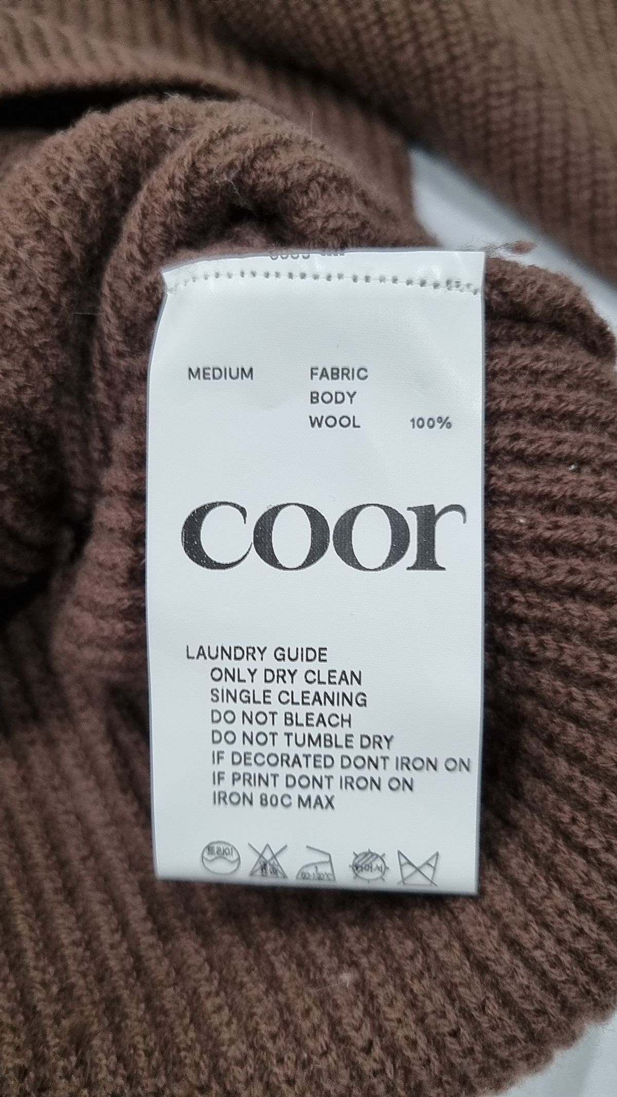 쿠어(COOR) 메리노 울 크루넥 니트 (브라운) M