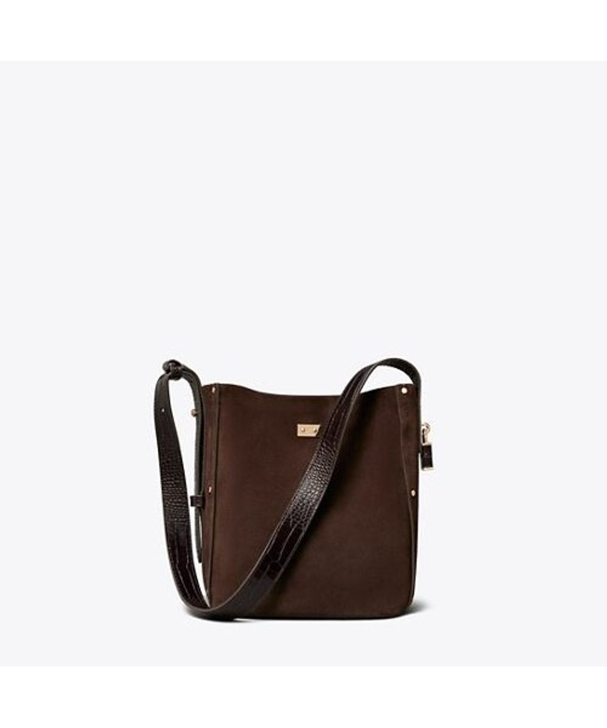 토리버치(TORYBURCH) 락 스웨이드 슬림 미디엄 버킷백 - 다크 코코아