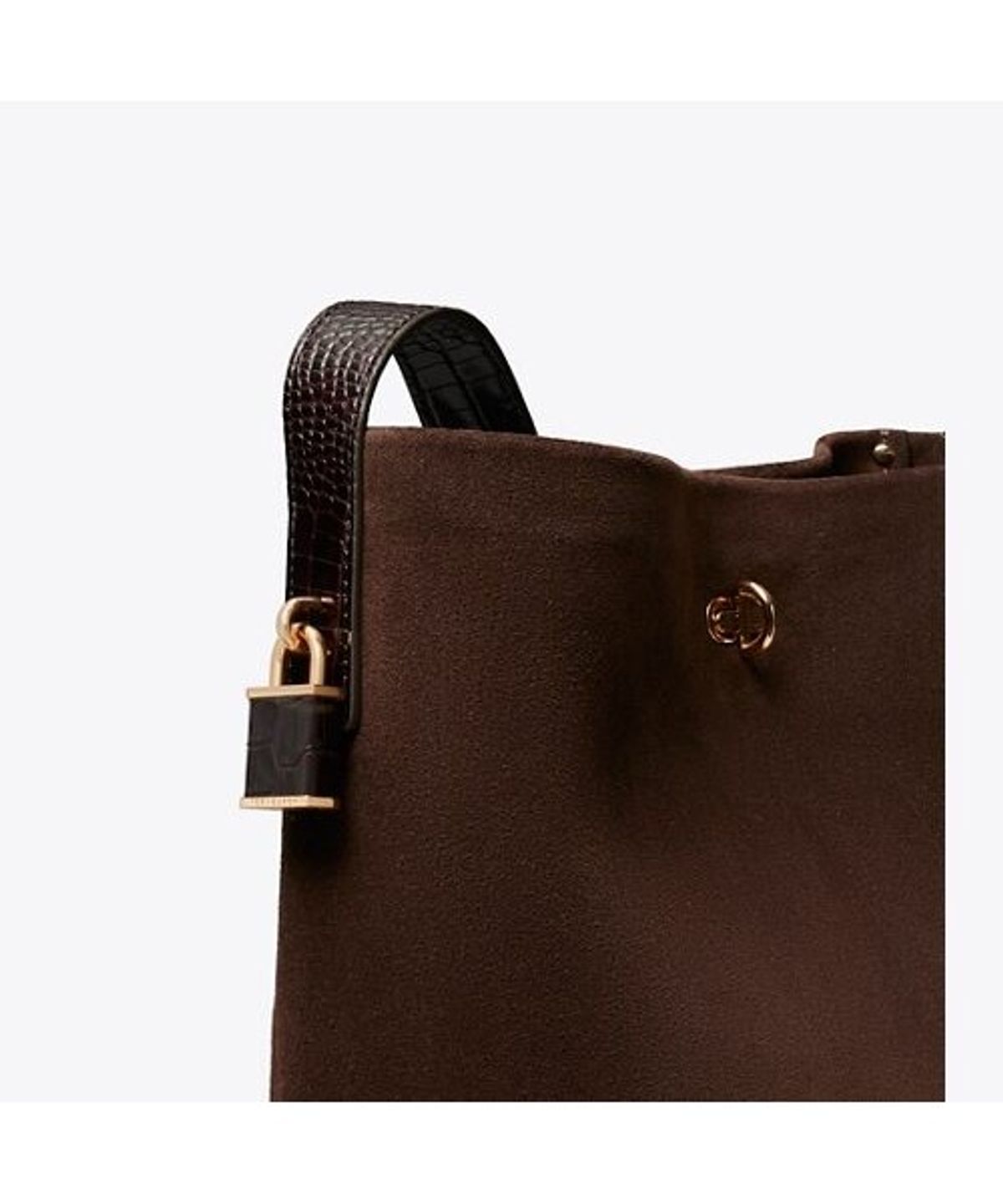 토리버치(TORYBURCH) 락 스웨이드 슬림 미디엄 버킷백 - 다크 코코아