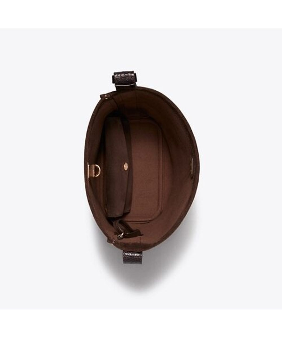 토리버치(TORYBURCH) 락 스웨이드 슬림 미디엄 버킷백 - 다크 코코아