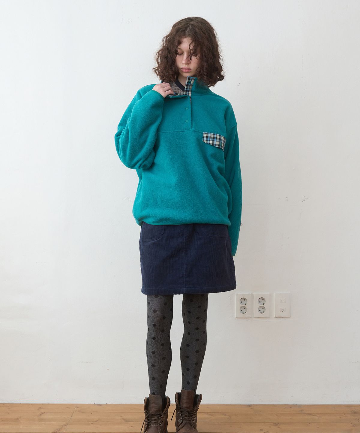 엔조 블루스(ENZO BLUES) 레트로 스냅 플리스 아노락 (Teal Green)