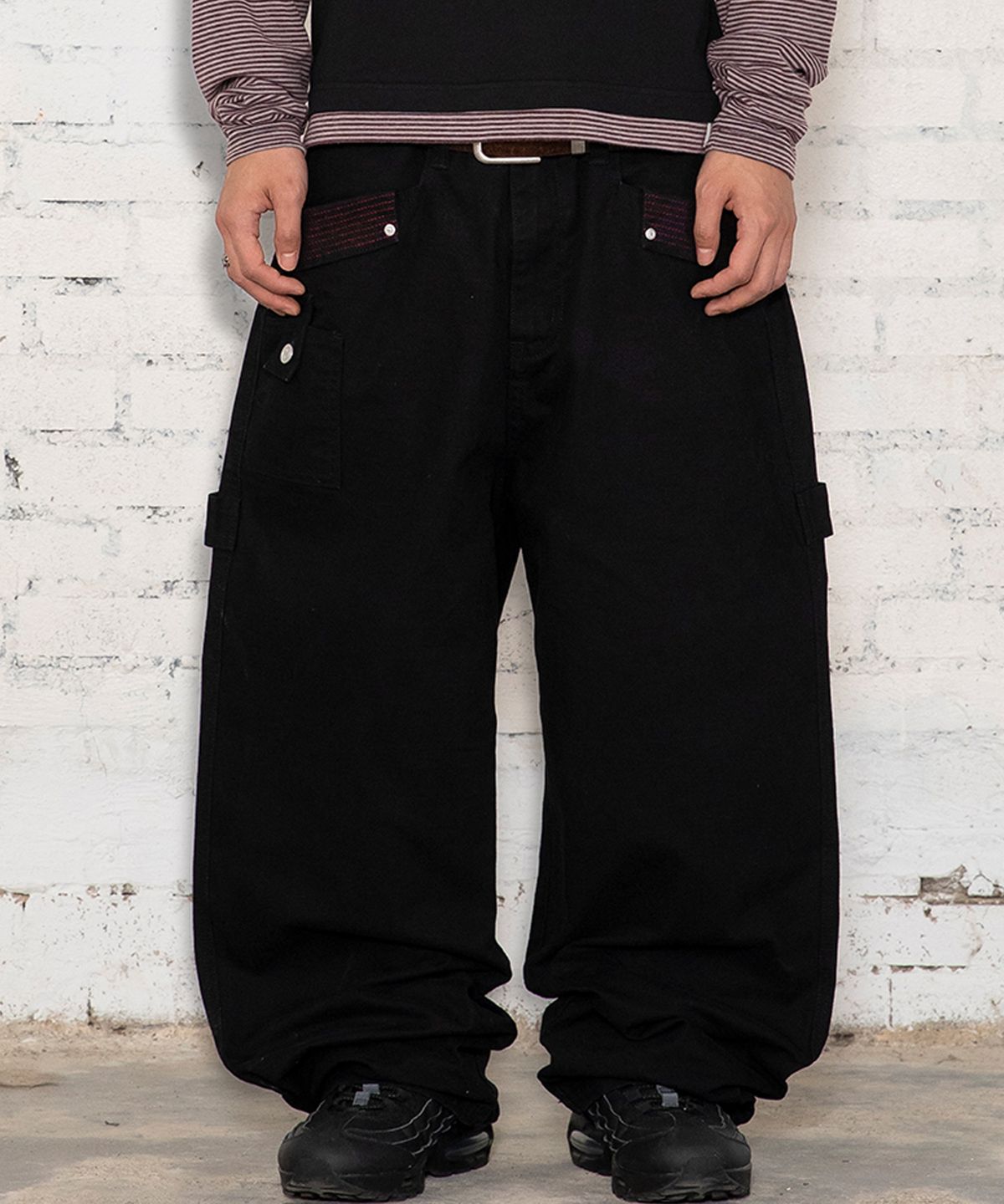 엑스톤즈(XTONZ) XP343 멀티 스티치 워싱 코튼 와이드 워크 팬츠 (BLACK)