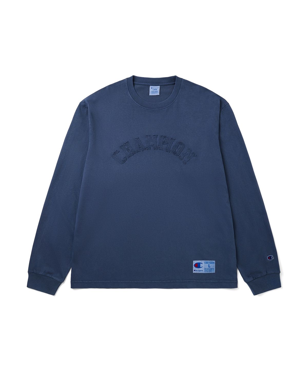 챔피온(CHAMPION) 아치 로고 루즈핏 아플리케 롱슬리브 티셔츠 Blue