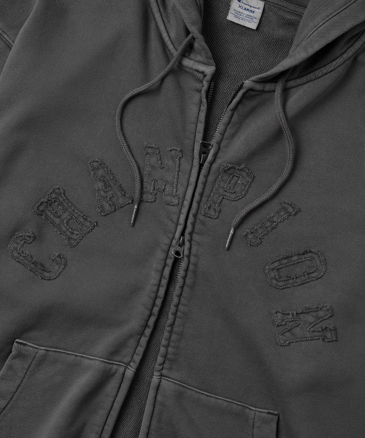 챔피온(CHAMPION) 아치 로고 루즈핏 아플리케 다잉 후드 집업 Charcoal