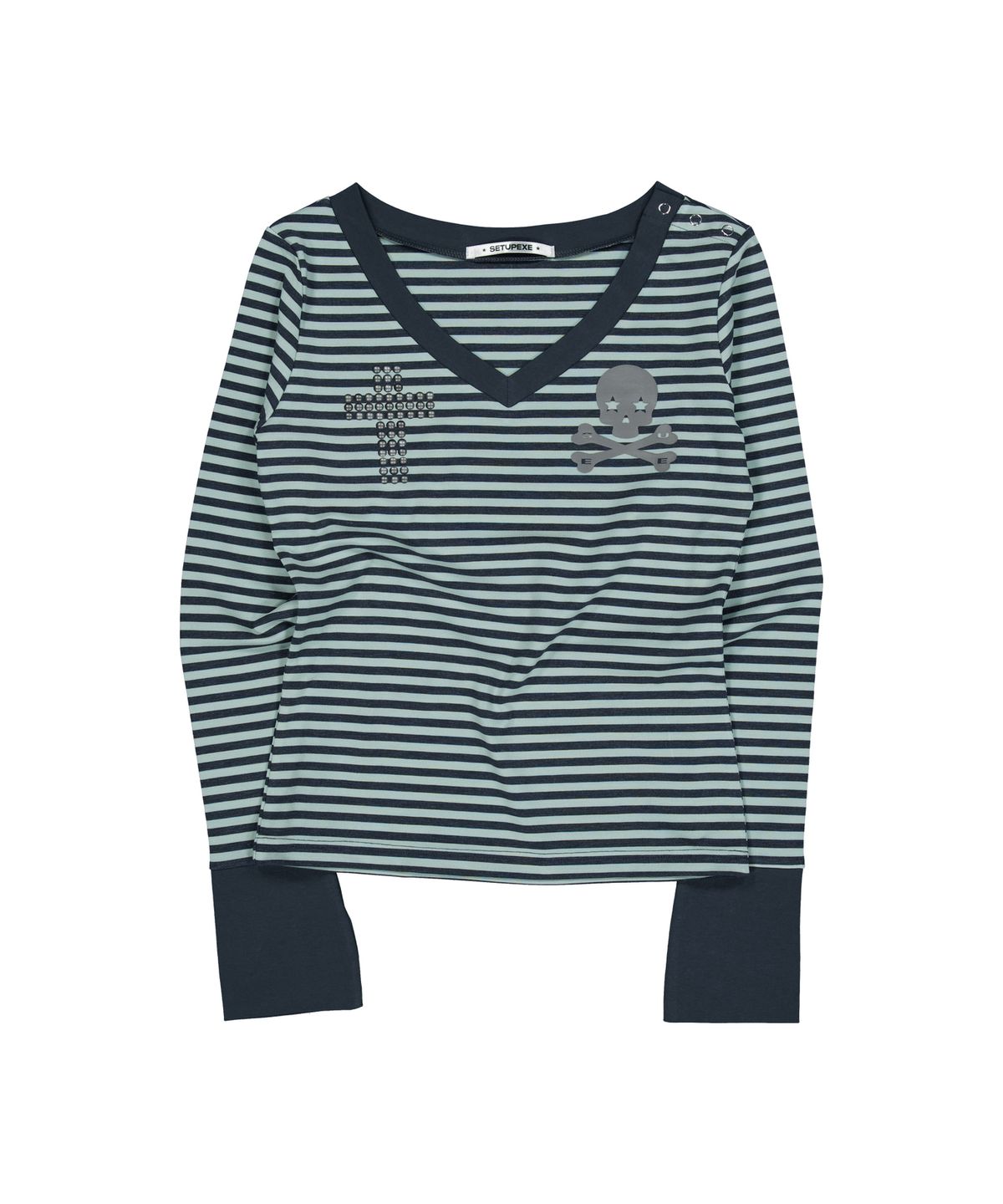 셋업이엑스이(SETUP-EXE) SKULL LOGO STRIPE V-NECK TOP / MINT