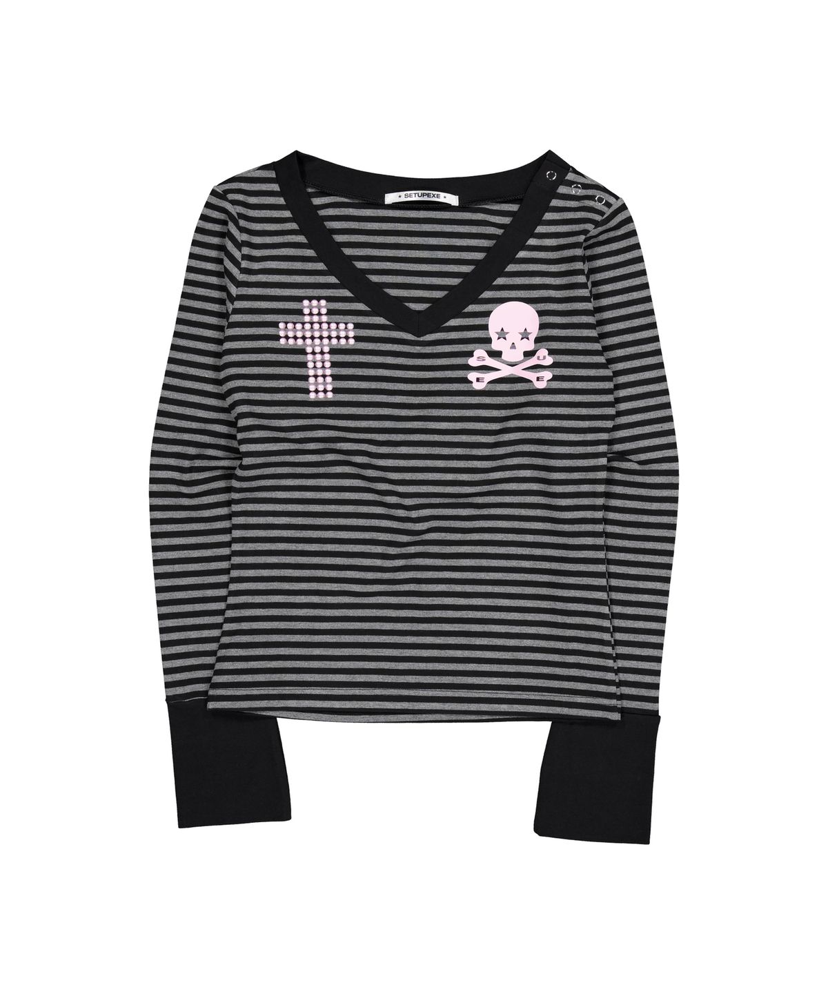 셋업이엑스이(SETUP-EXE) SKULL LOGO STRIPE V-NECK TOP / BLACK