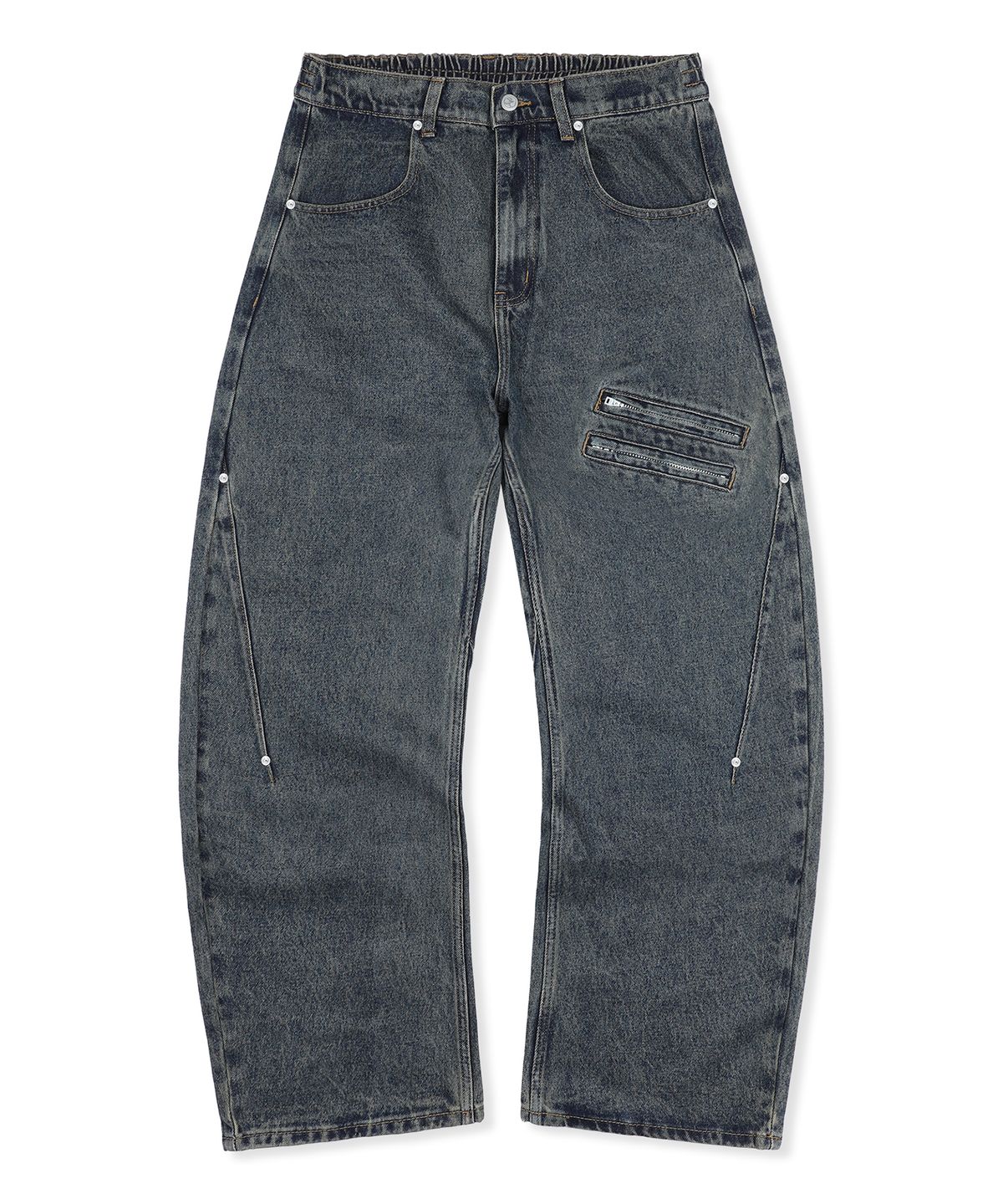 엑스톤즈(XTONZ) XP340 프론트 지퍼 멀티 포켓 커브드 데님 팬츠 (DARK BLUE)