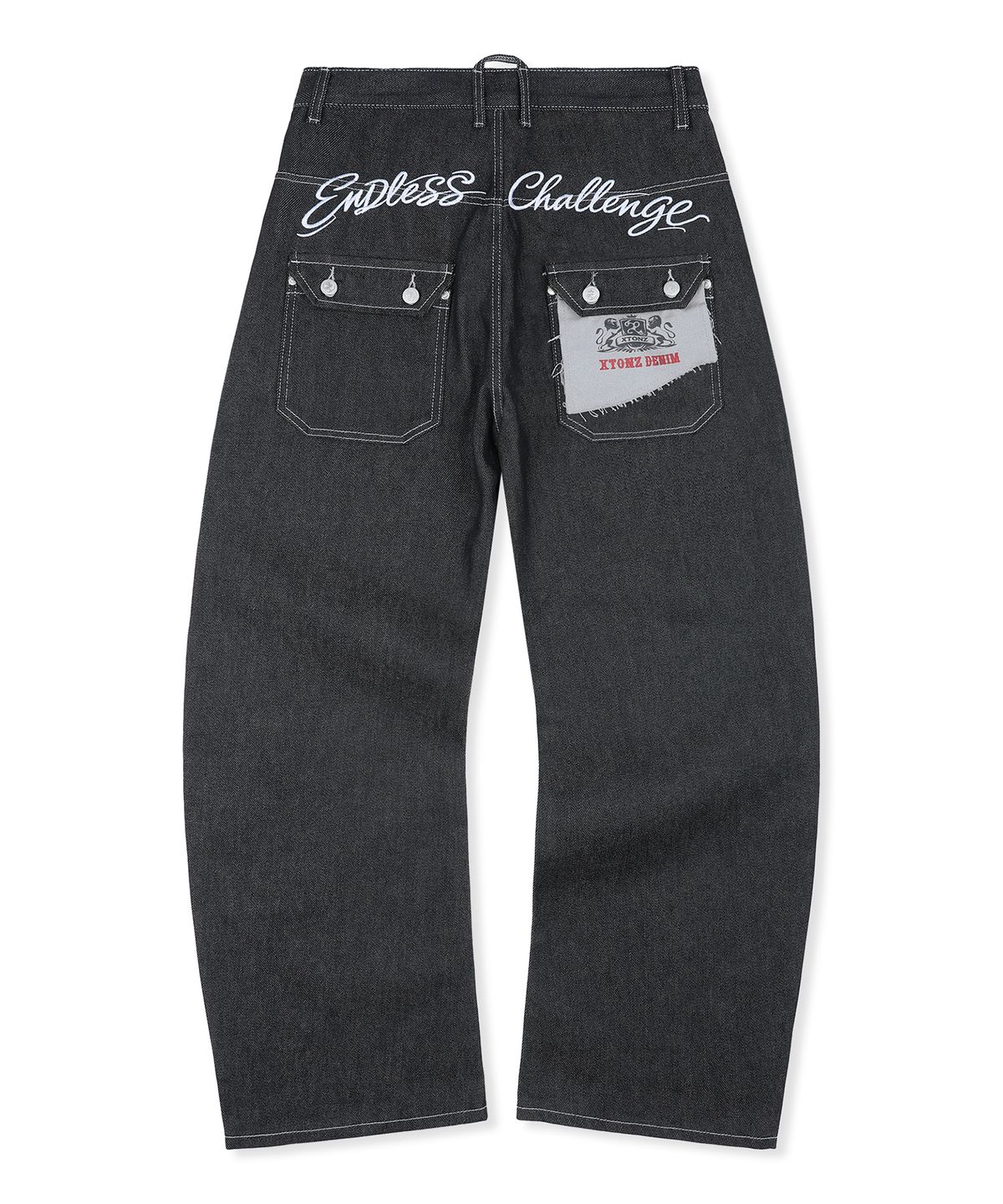 엑스톤즈(XTONZ) XP339 레터링 로우 커브드 데님 팬츠 (BLACK)