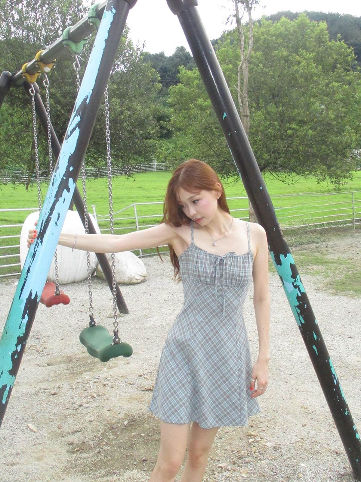 쿨키튼(KOOLKITTEN) Vintage Check Ribbon Cami Mini Dress (LIGHT GRAY)