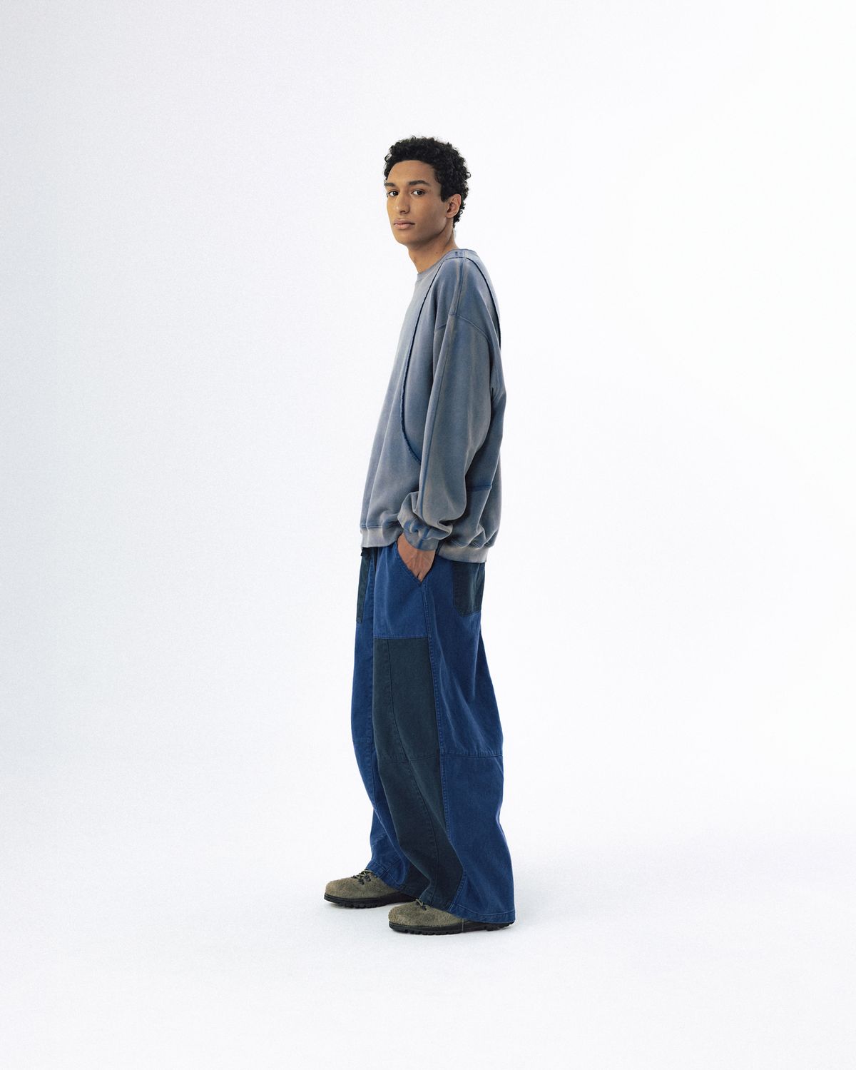 앵글런(ANGLAN) Panel Mix Balloon Pants - Blue