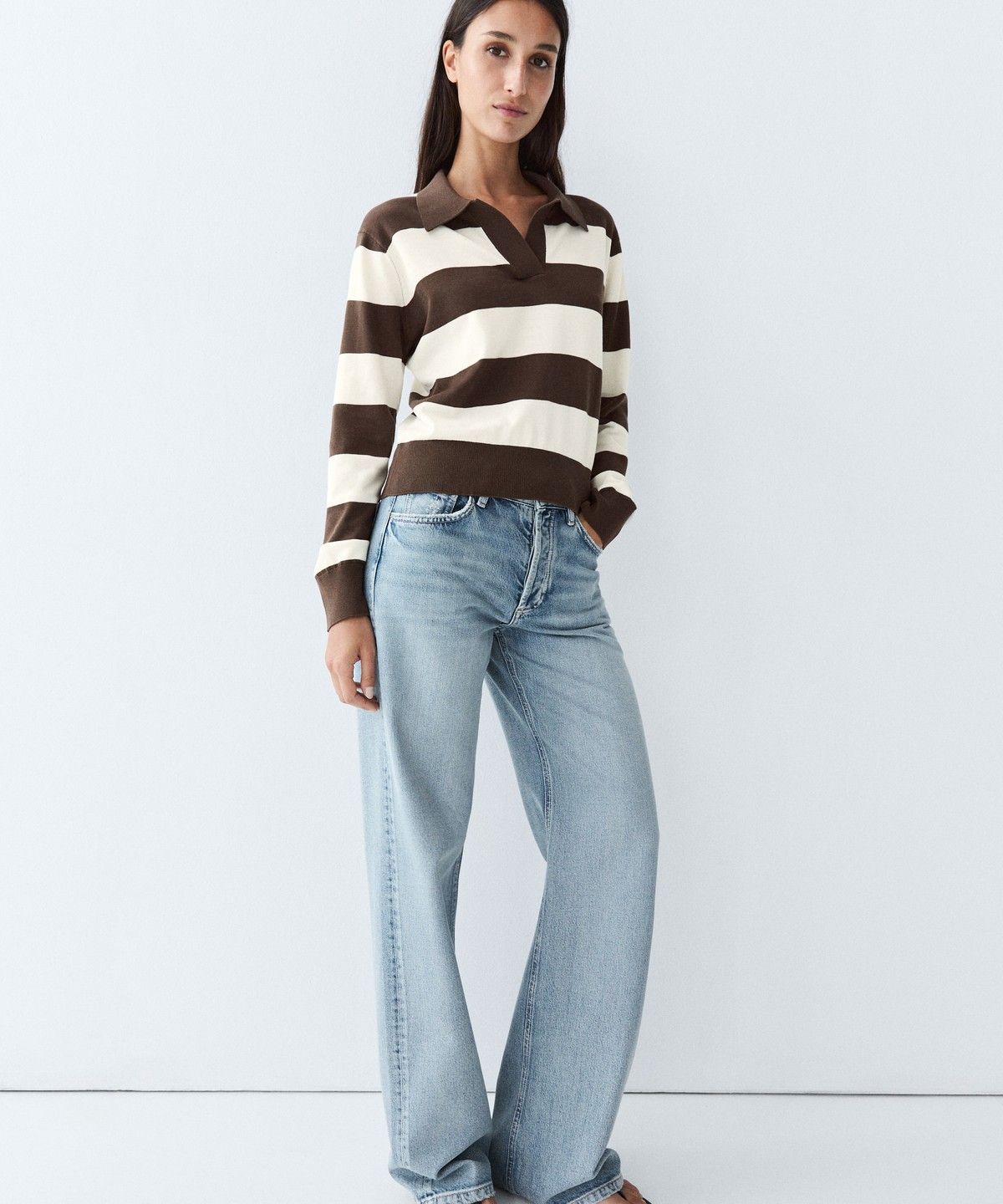 마시모두띠(MASSIMO DUTTI) 100% 코튼 스트라이프 니트 폴로 스웨터