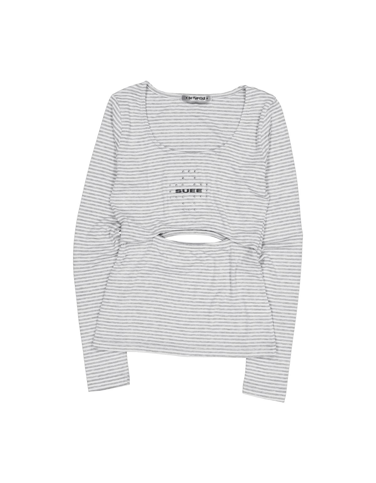 셋업이엑스이(SETUP-EXE) STRIPED U-NECK SLIT TEE / GRAY