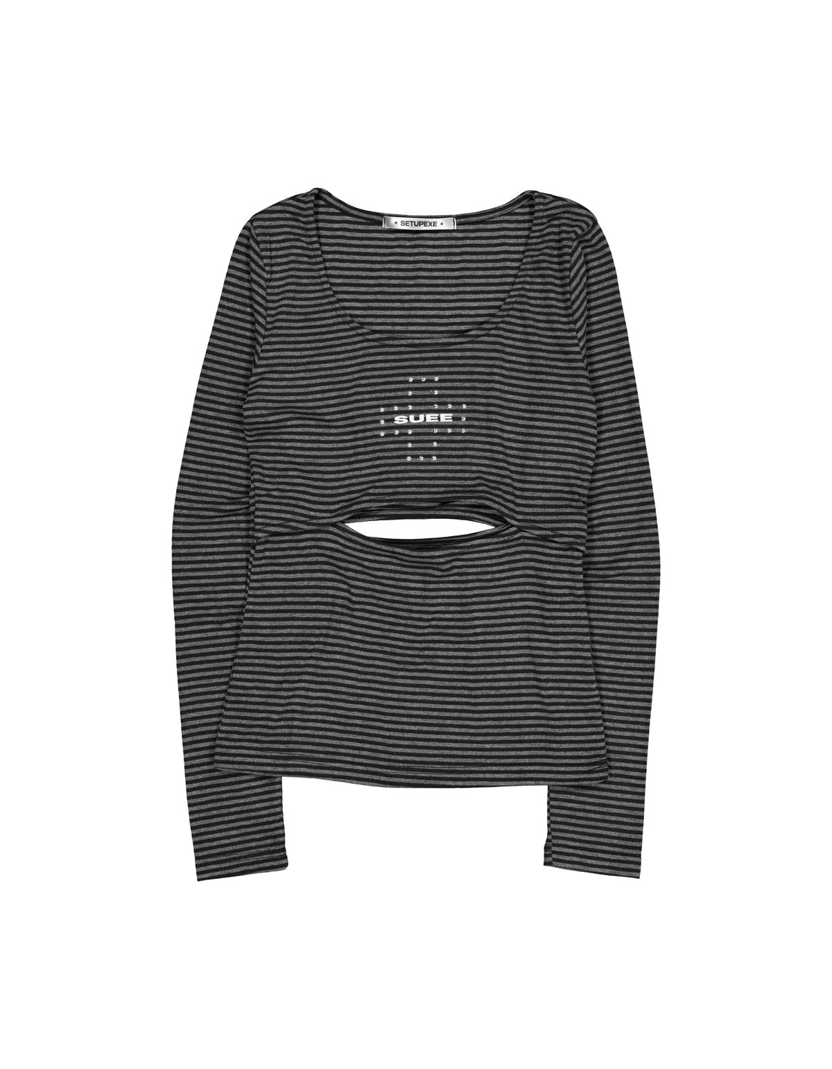 셋업이엑스이(SETUP-EXE) STRIPED U-NECK SLIT TEE / BLACK